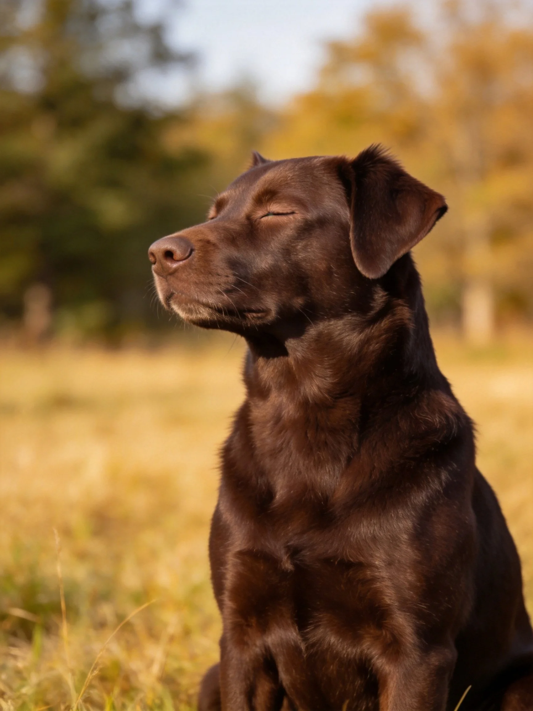 A chocolate Labrador retriever relaxes in a sunlit autumn field