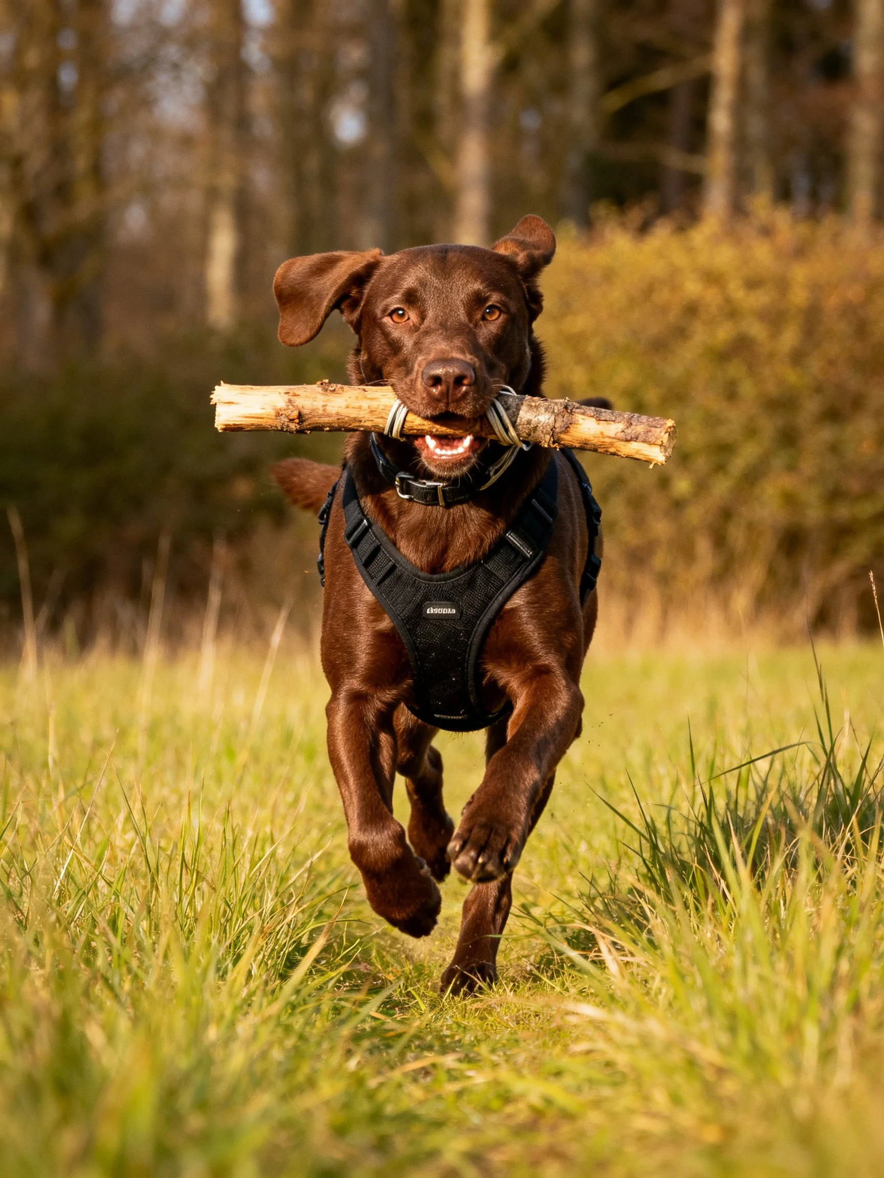 A chocolate Labrador retriever runs through grass with a large wooden stick