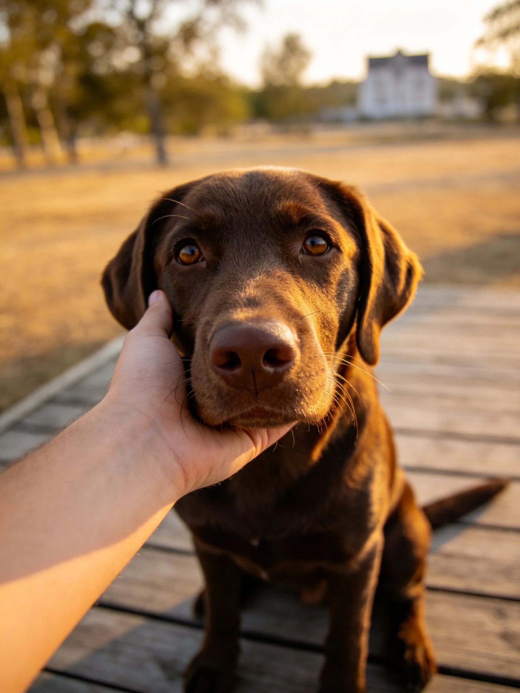 A chocolate Labrador retriever sits on a wooden deck with a hand touching its cheek