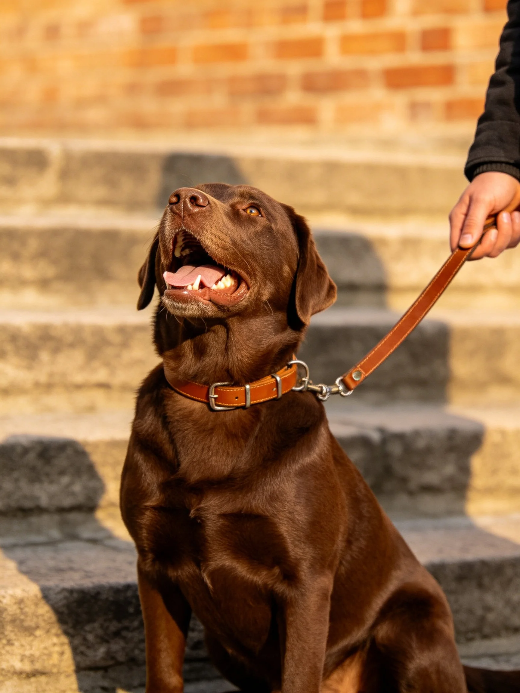 A chocolate Labrador retriever sits on stone steps with a brown leash