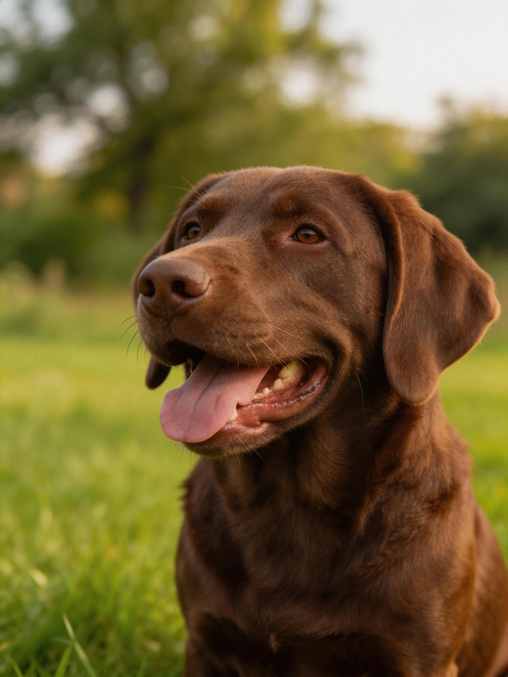 A chocolate Labrador retriever sitting in a sunlit grassy field
