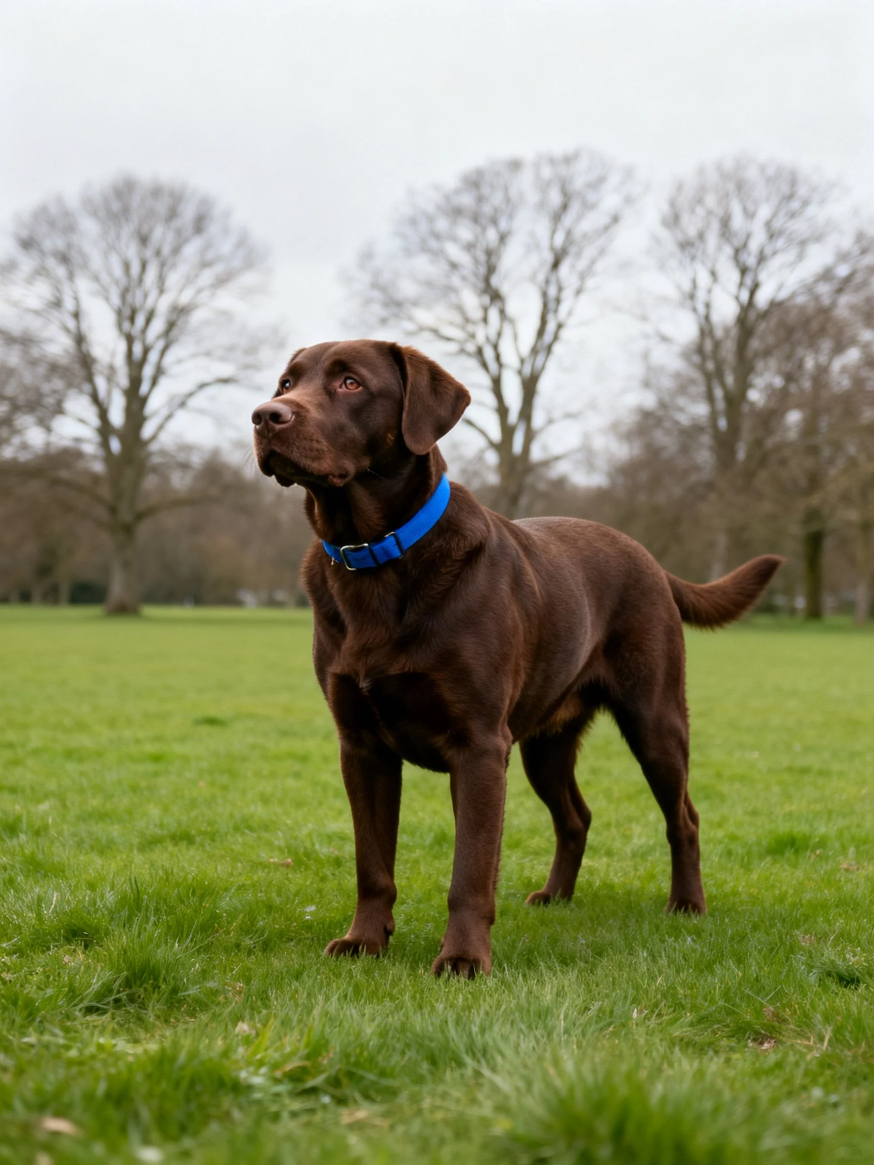 A chocolate Labrador retriever stands on lush green grass near bare trees