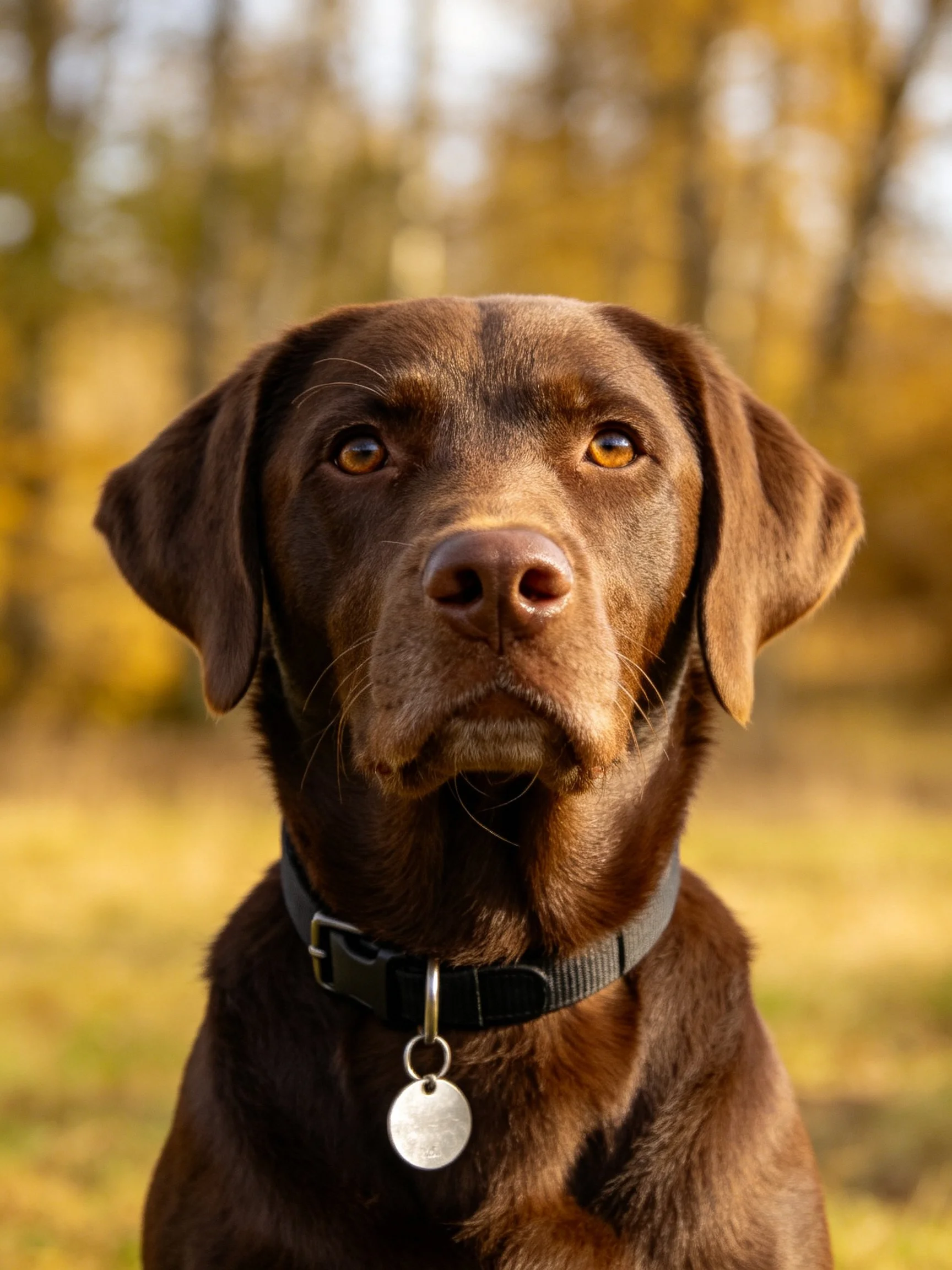 A chocolate Labrador retriever with a black collar and silver tag