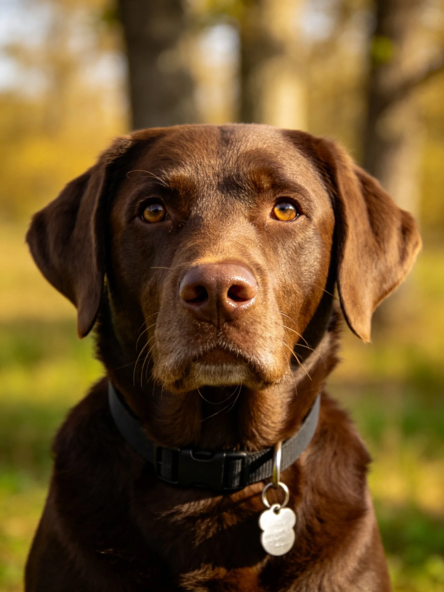 A chocolate Labrador retriever with a black collar outdoors