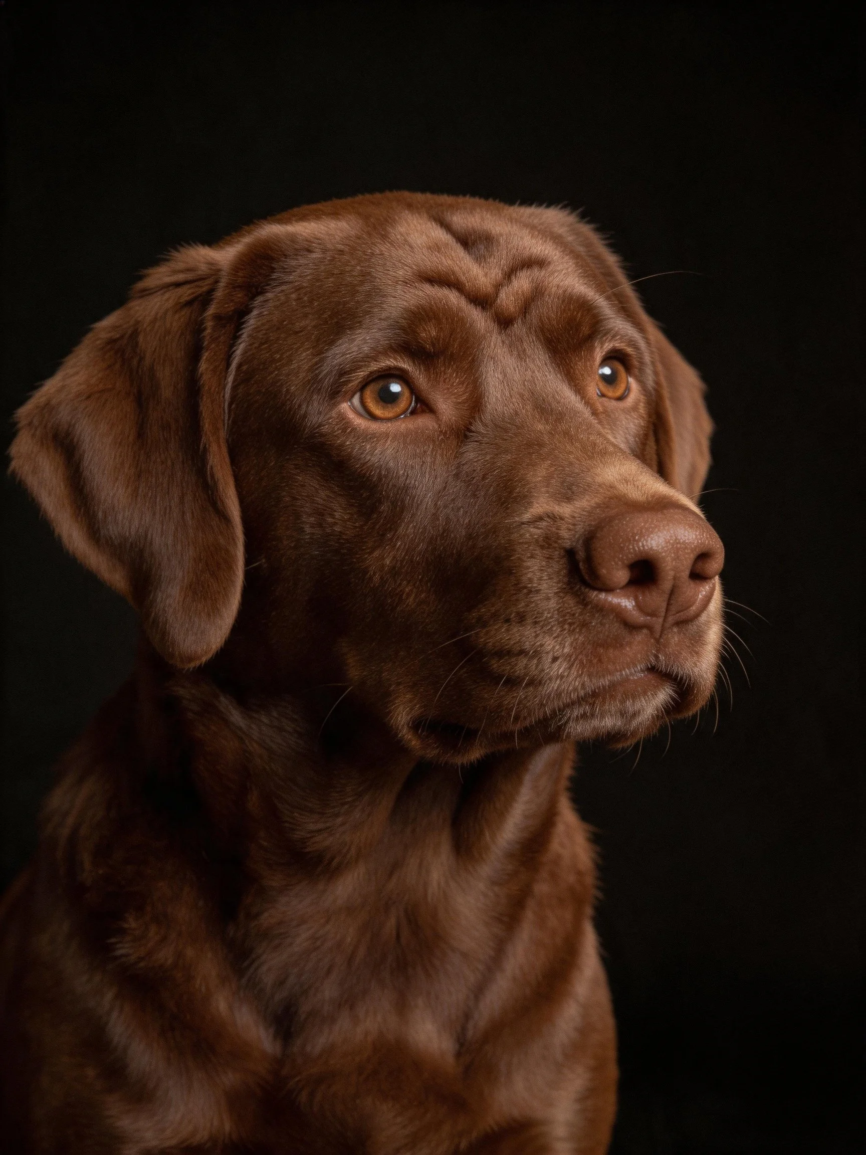 A chocolate Labrador retriever with rich brown fur and attentive expression