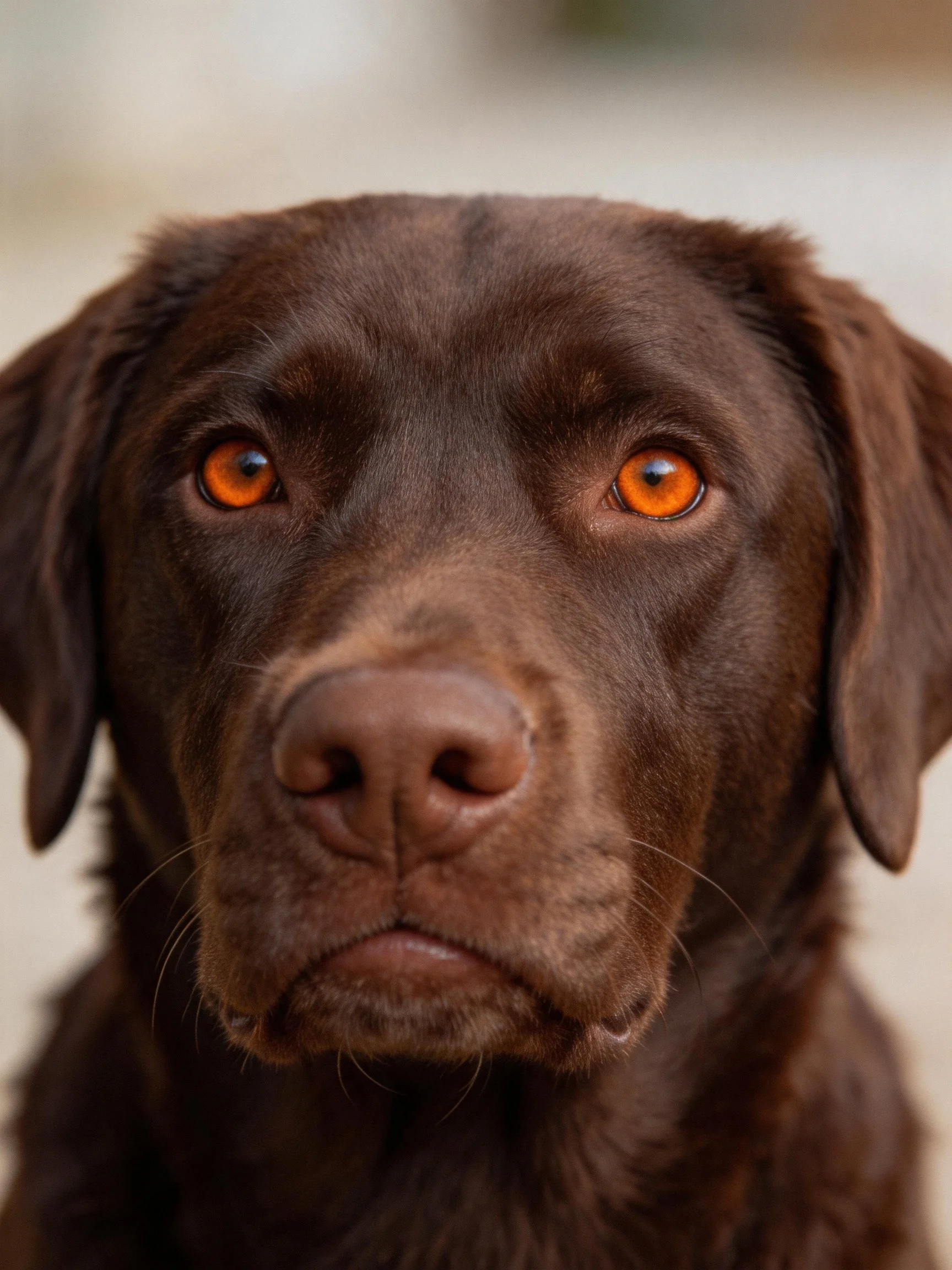 A chocolate Labrador retriever gazes directly at the camera with striking amber eyes.