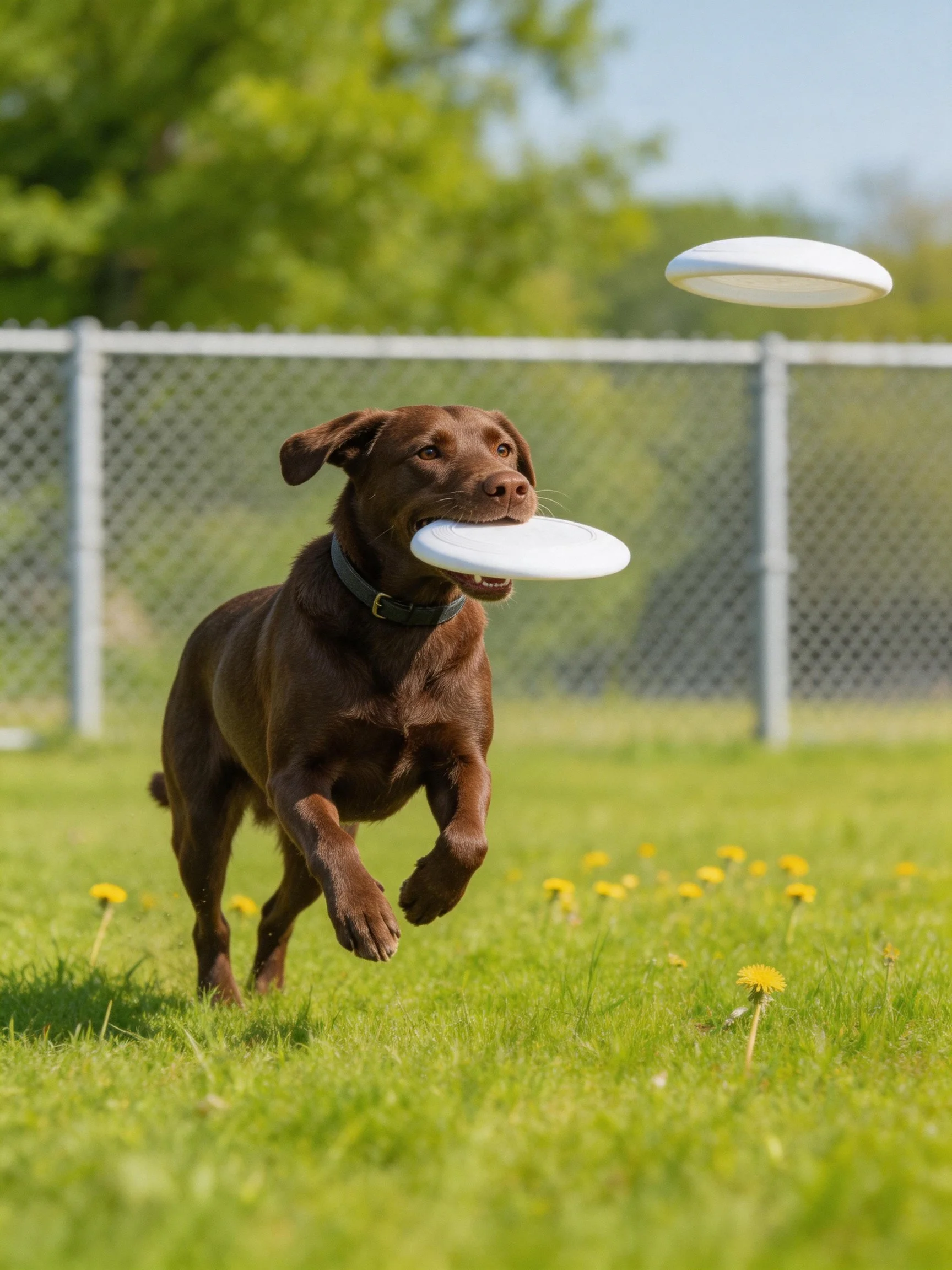 A chocolate Labrador retrieves white frisbees in a sunny park
