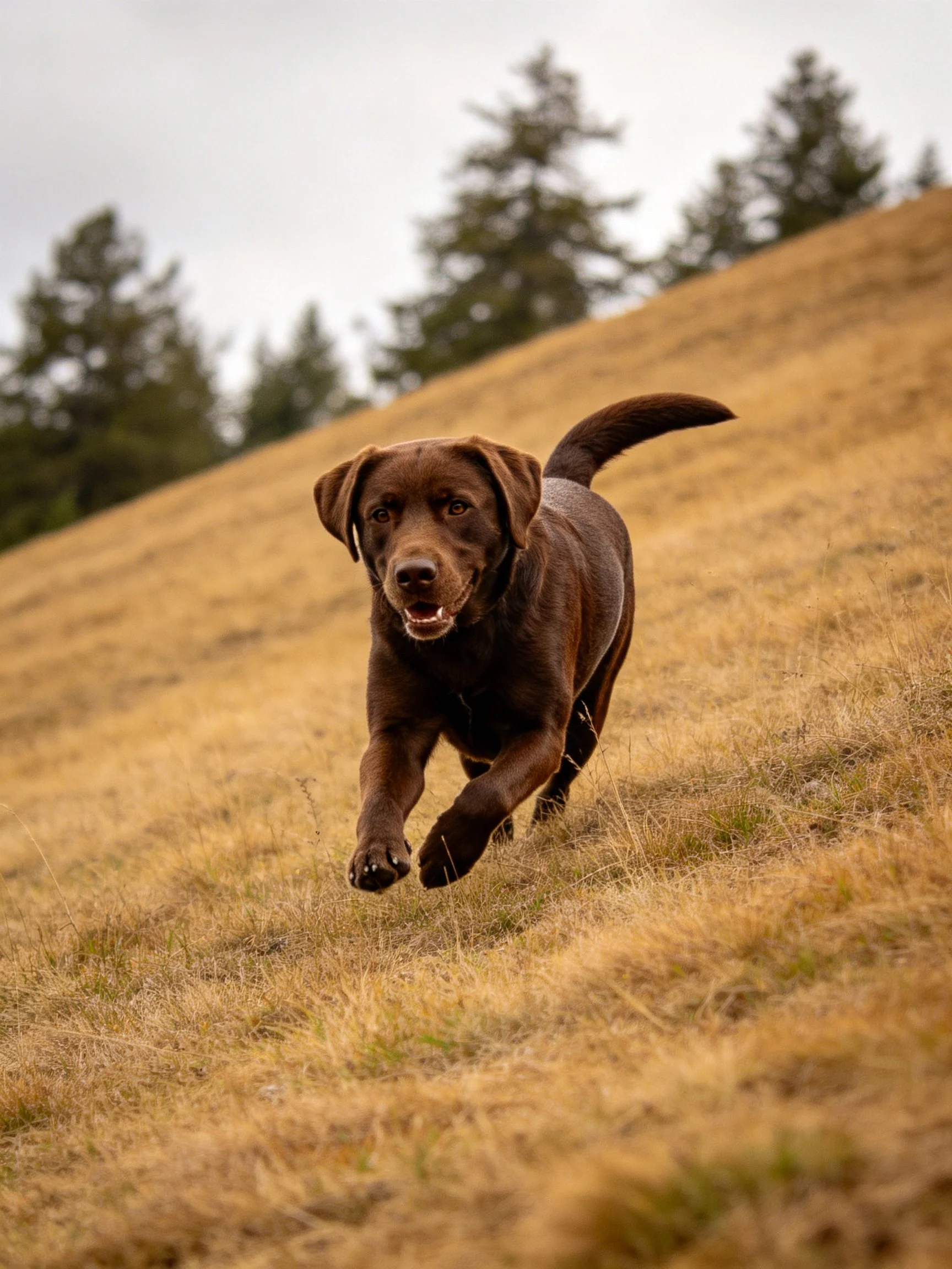 A chocolate Labrador runs energetically on golden grass