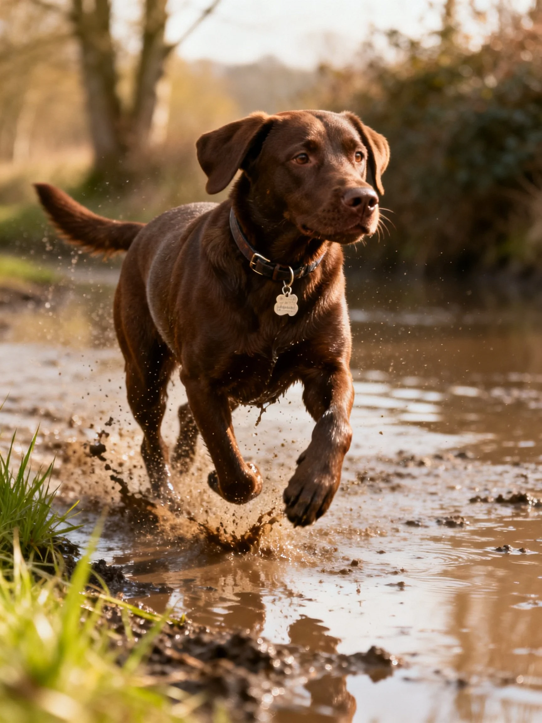 A chocolate Labrador runs energetically through muddy water