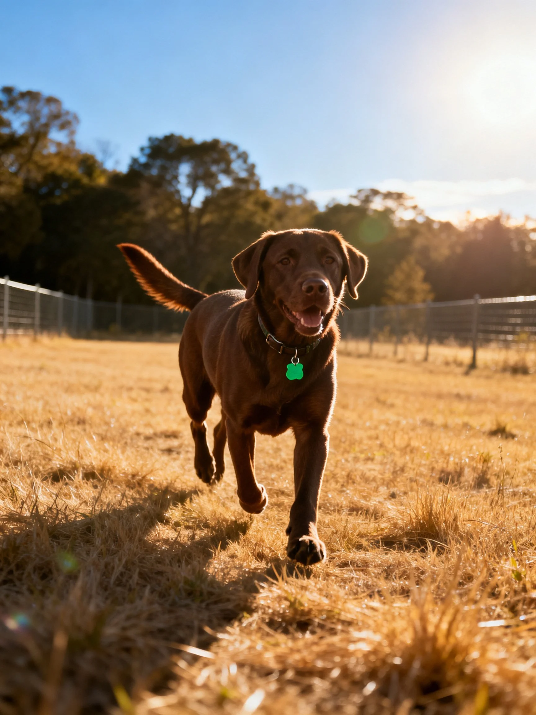 A chocolate Labrador runs joyfully through golden grass