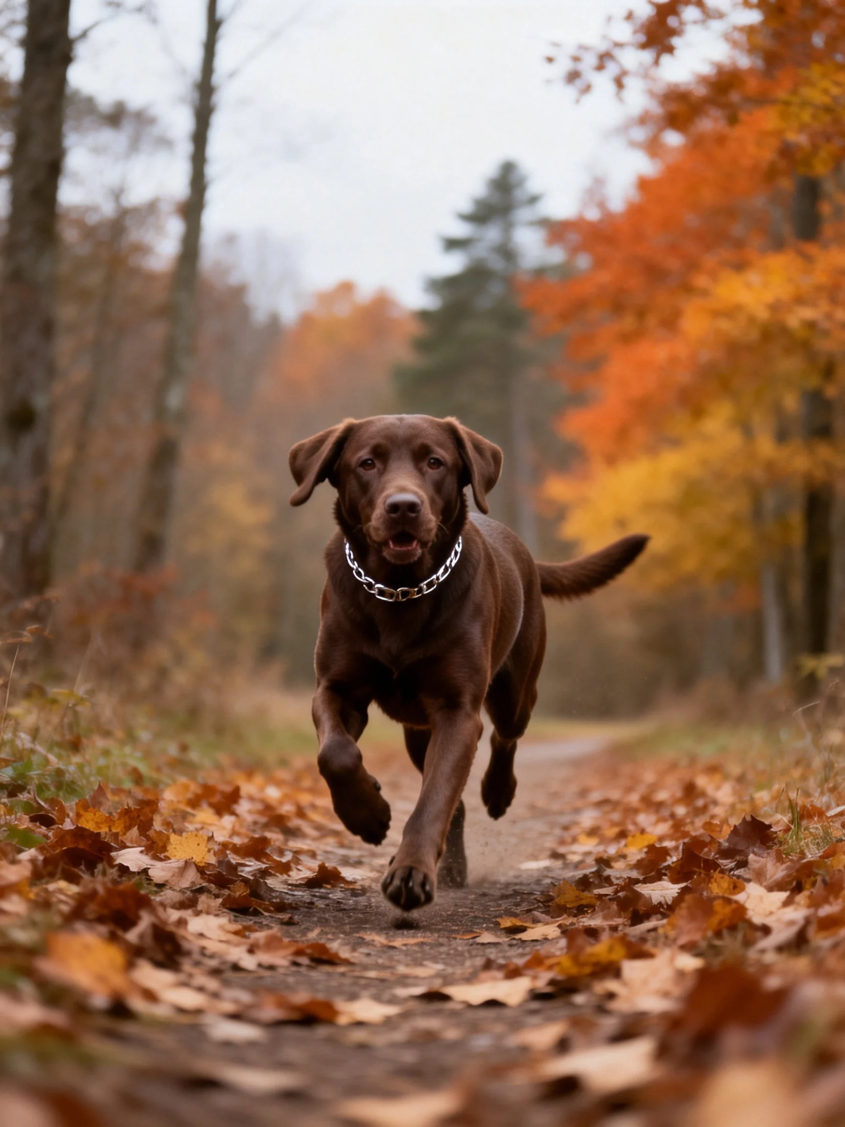 A chocolate Labrador runs through an autumn leaf-lined path