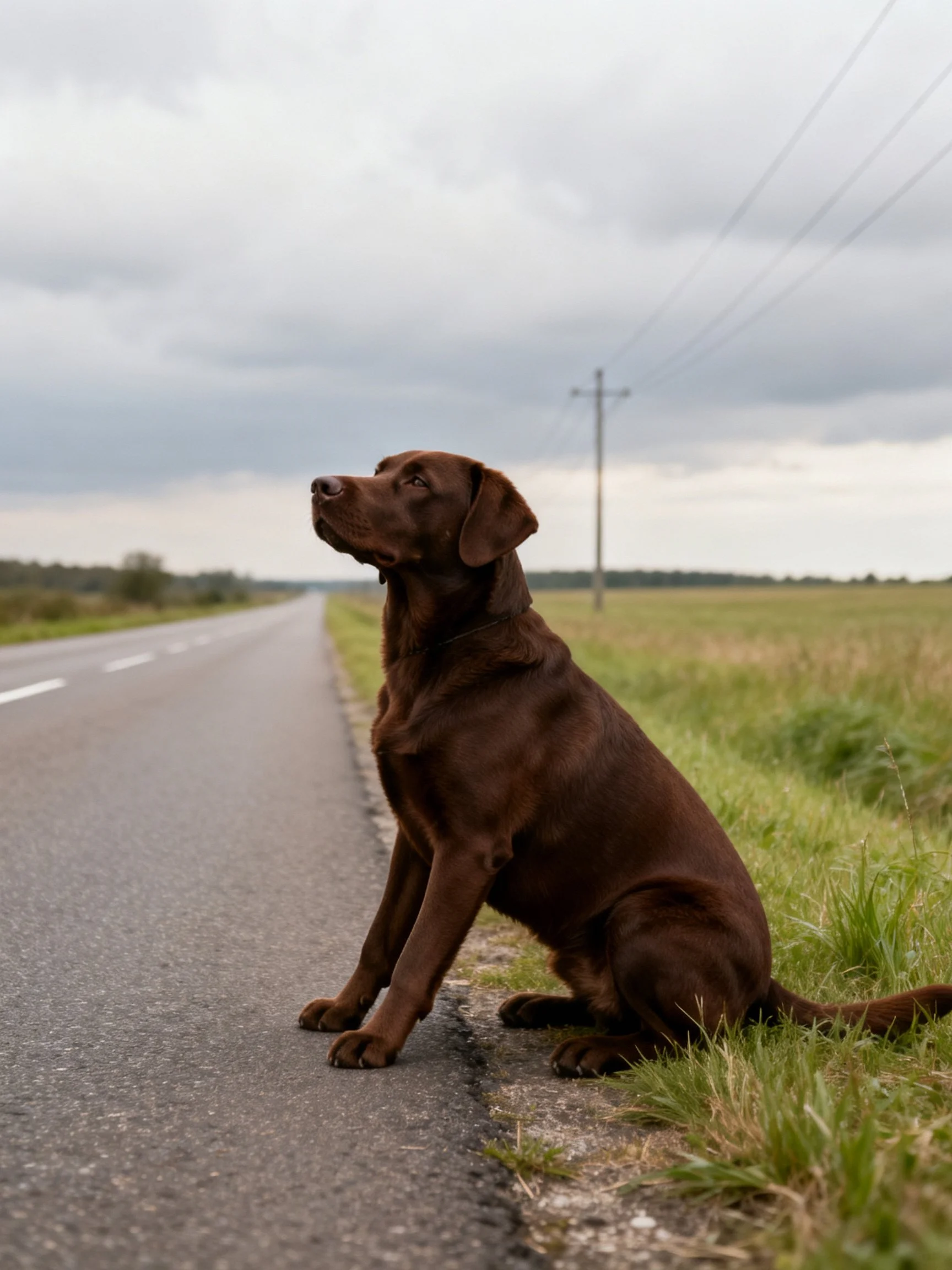 A chocolate Labrador sits on a rural roadside under a cloudy sky