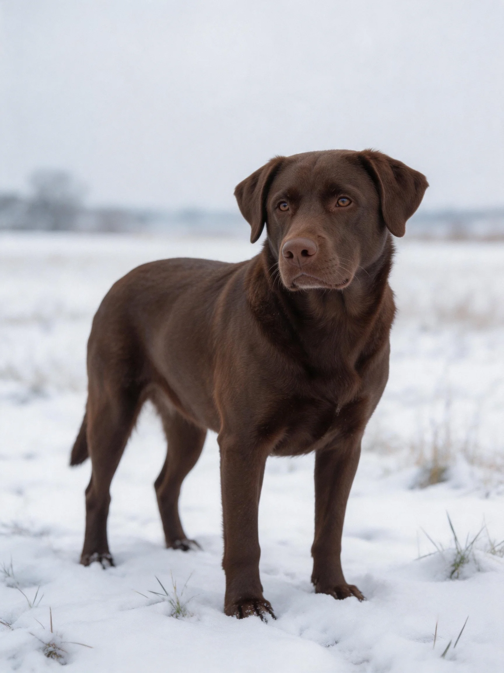 A chocolate Labrador stands alert in a snow-covered field