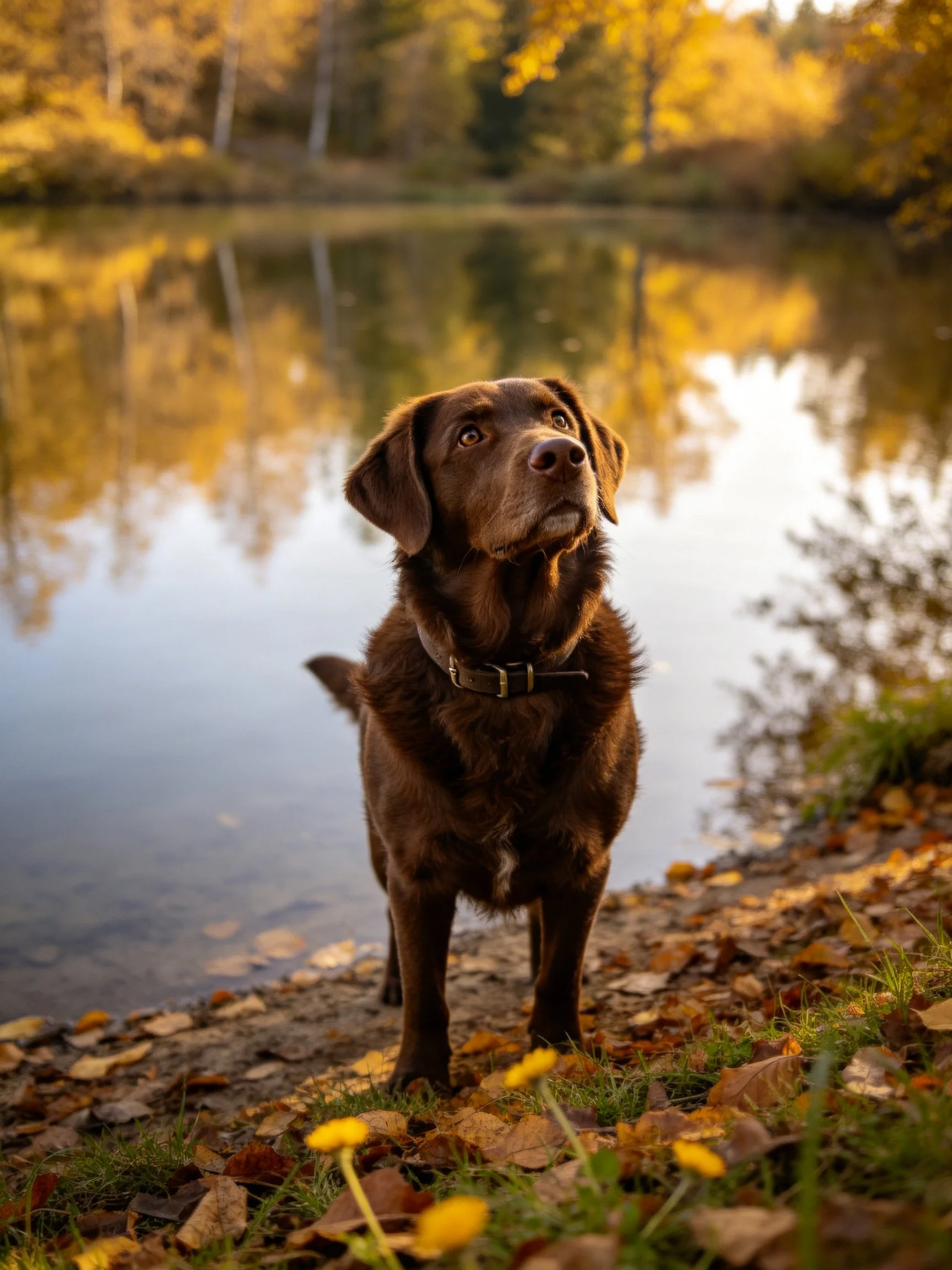 A chocolate Labrador stands by a serene autumn lake with golden reflections