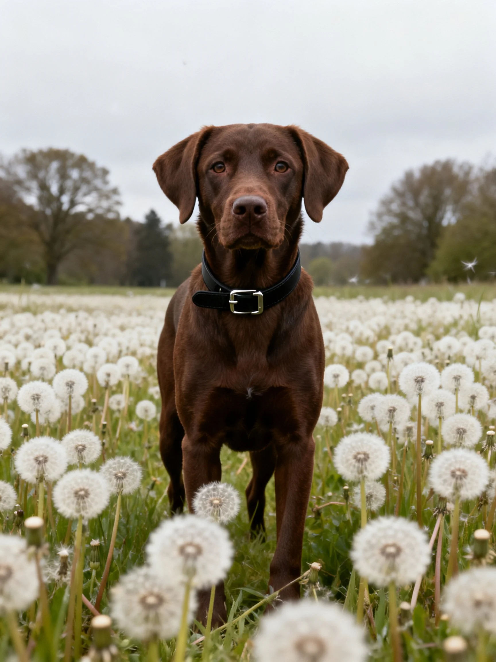 A chocolate Labrador stands in a field of white dandelions