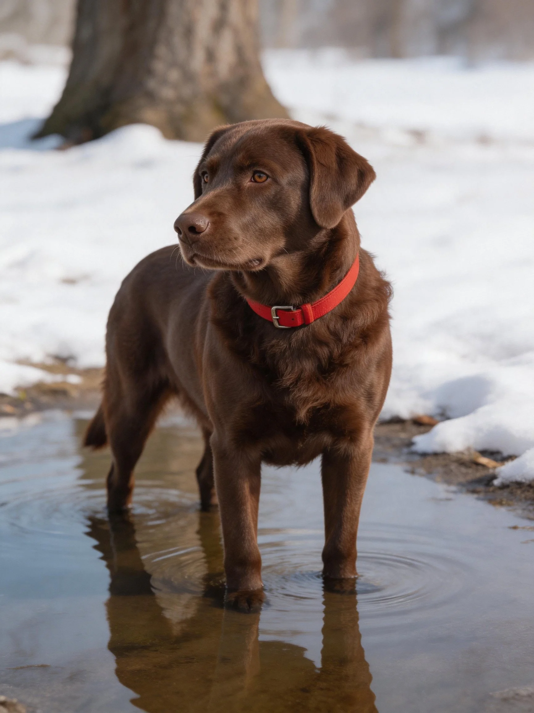 A chocolate Labrador stands in shallow water amid snowy surroundings