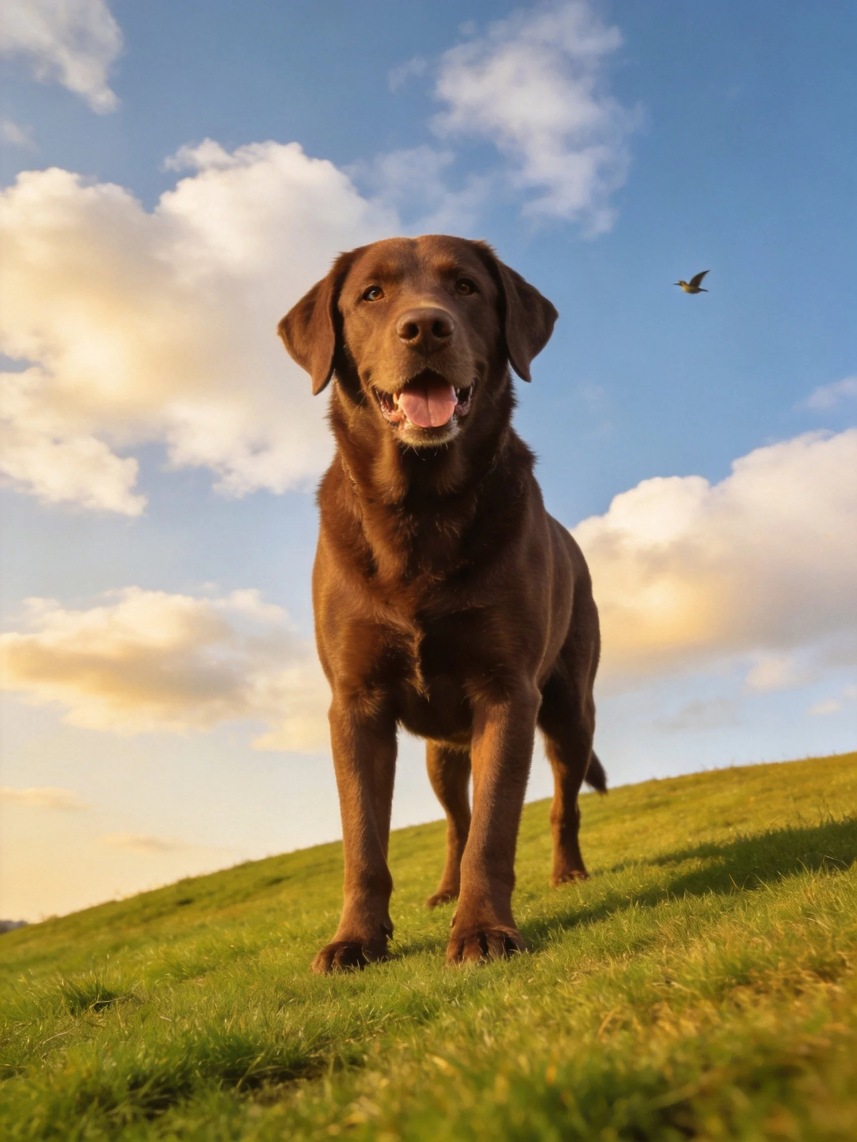 A chocolate Labrador stands on a grassy hill beneath bright blue skies
