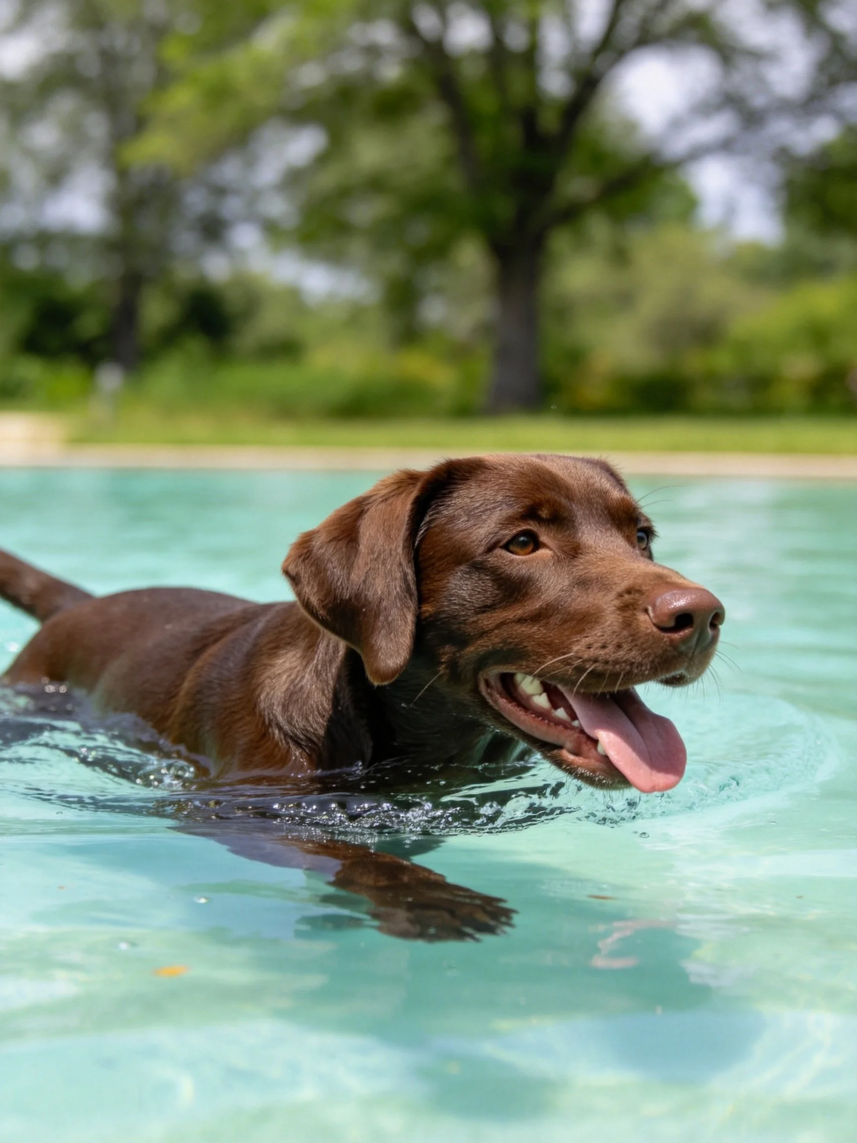 A chocolate Labrador swims joyfully in a clear blue pool
