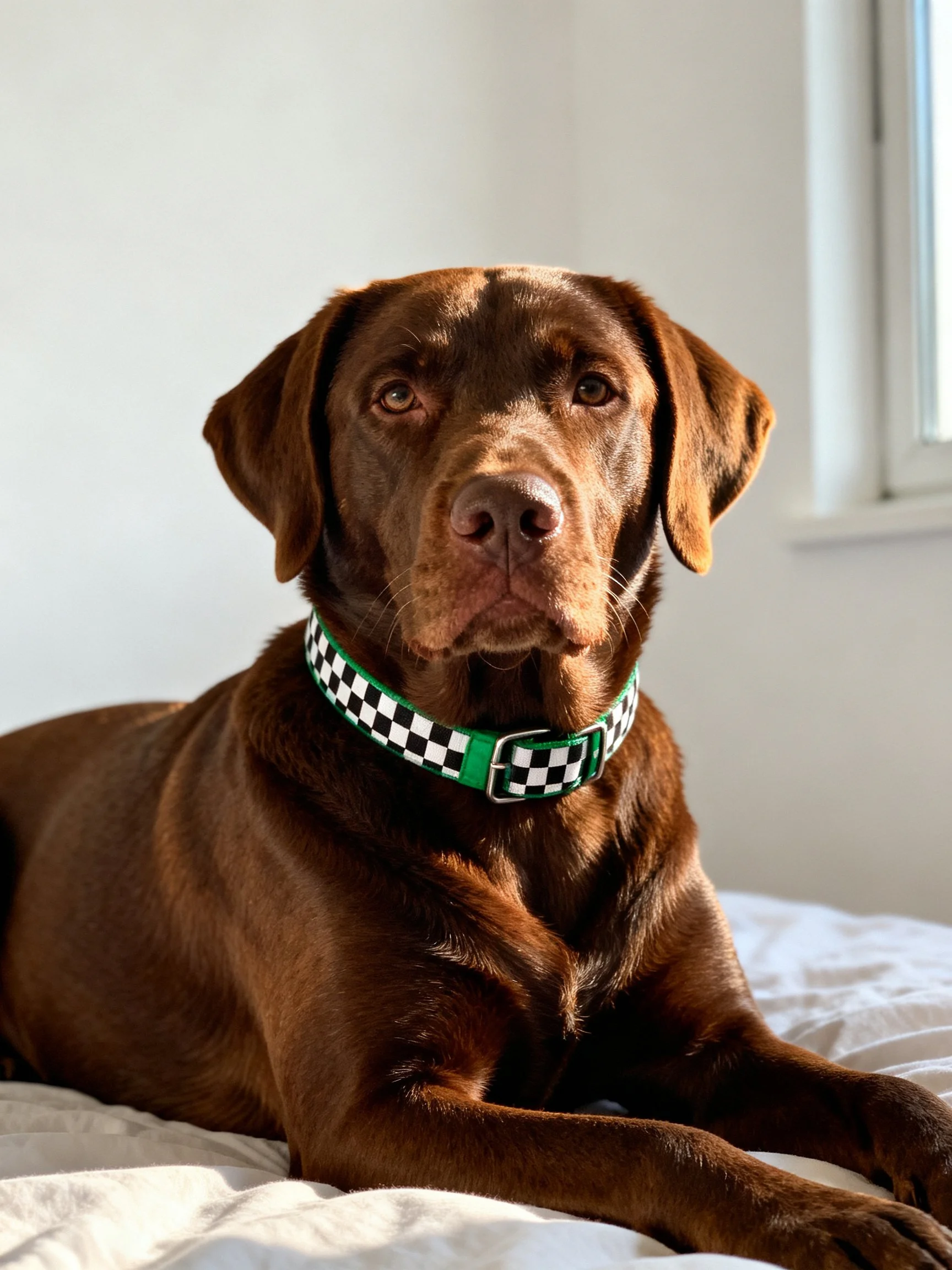A chocolate Labrador wearing a black-and-white checkered collar lies on white bedding