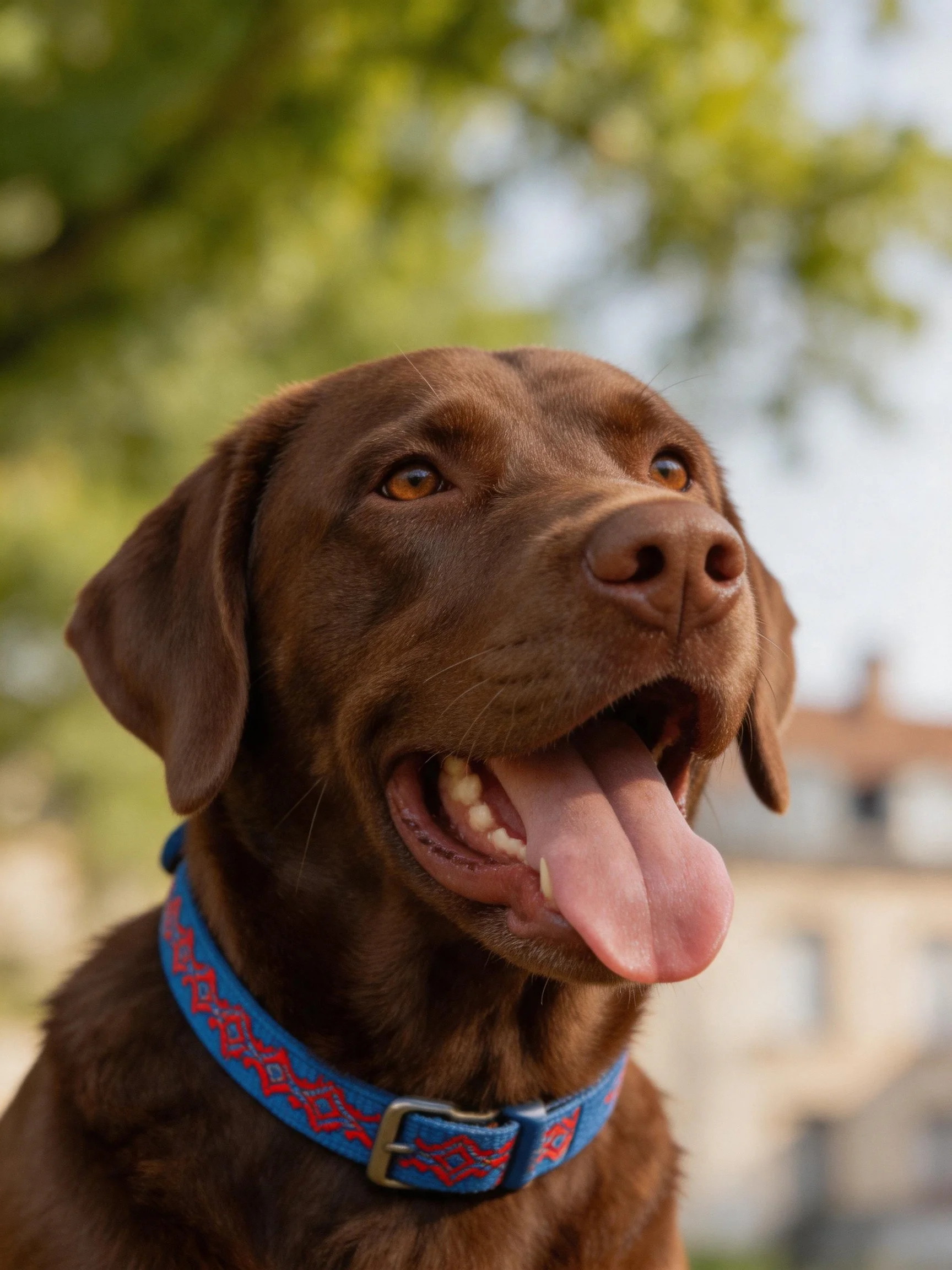 A chocolate Labrador wearing a blue collar with red patterns outdoors