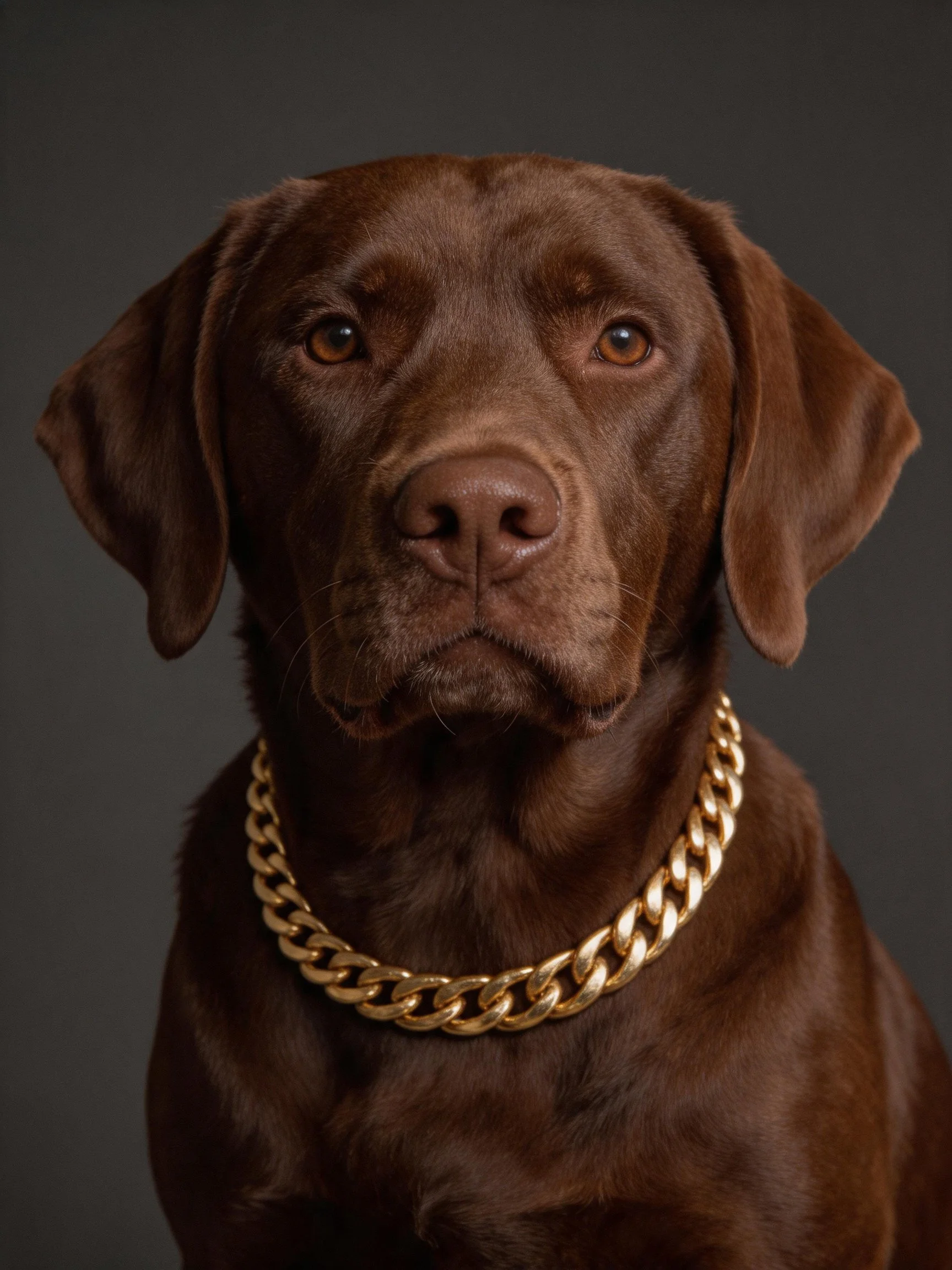 A chocolate Labrador wearing a thick gold chain on a dark backdrop