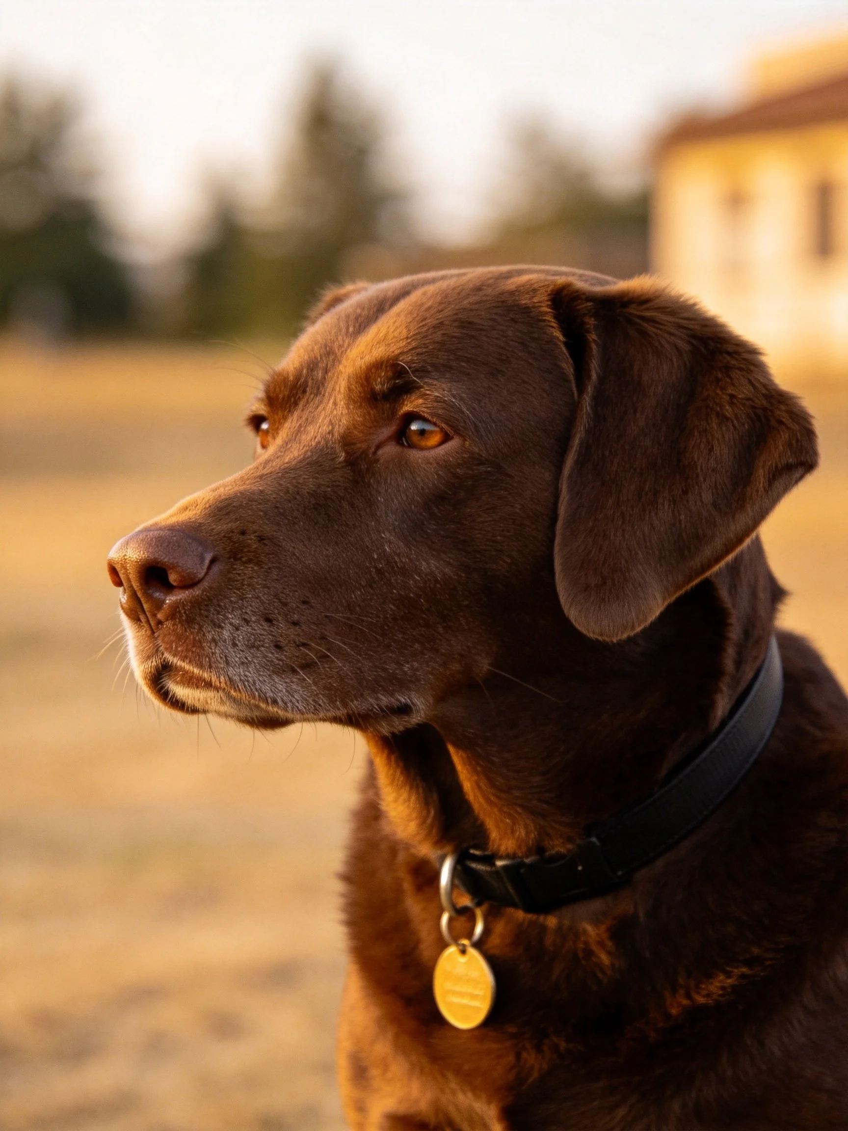 A chocolate Labrador with a black collar in an open field