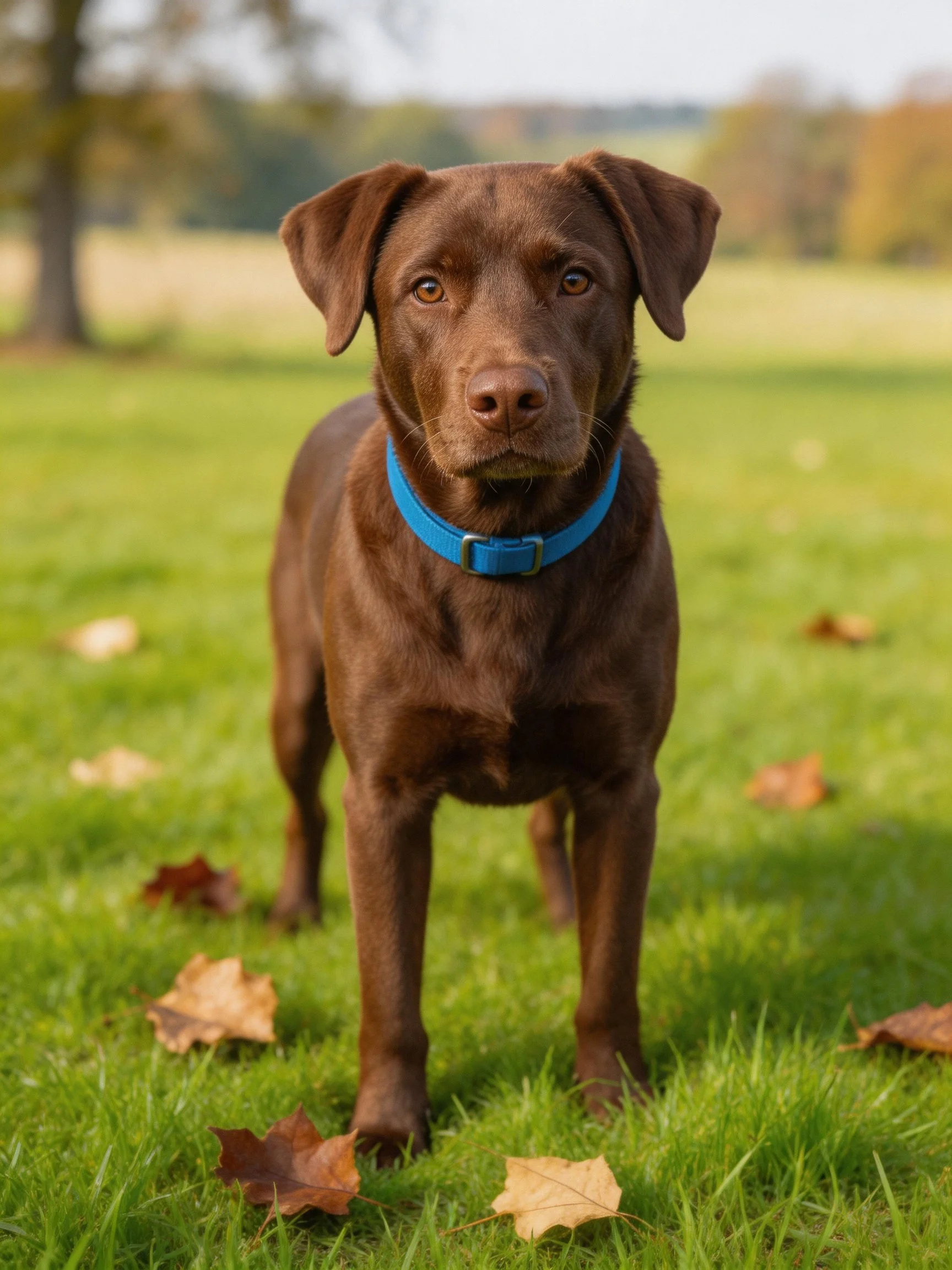 A chocolate Labrador with a blue collar stands on green grass with autumn leaves