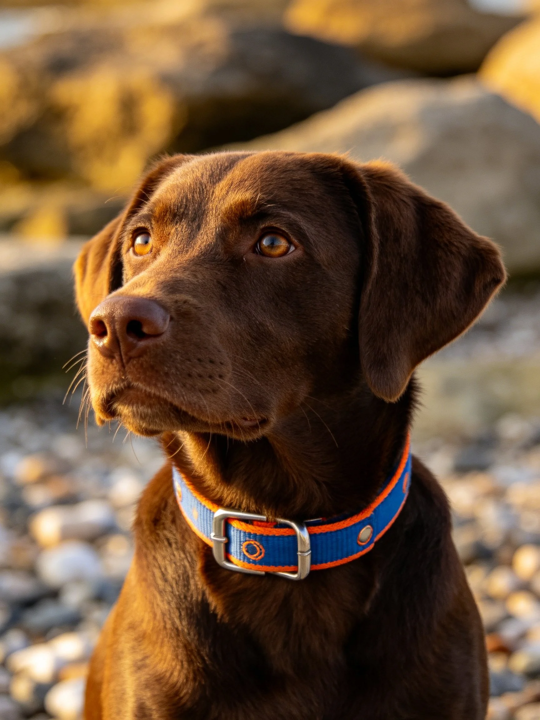 A chocolate Labrador with a blue-orange collar near rocky terrain