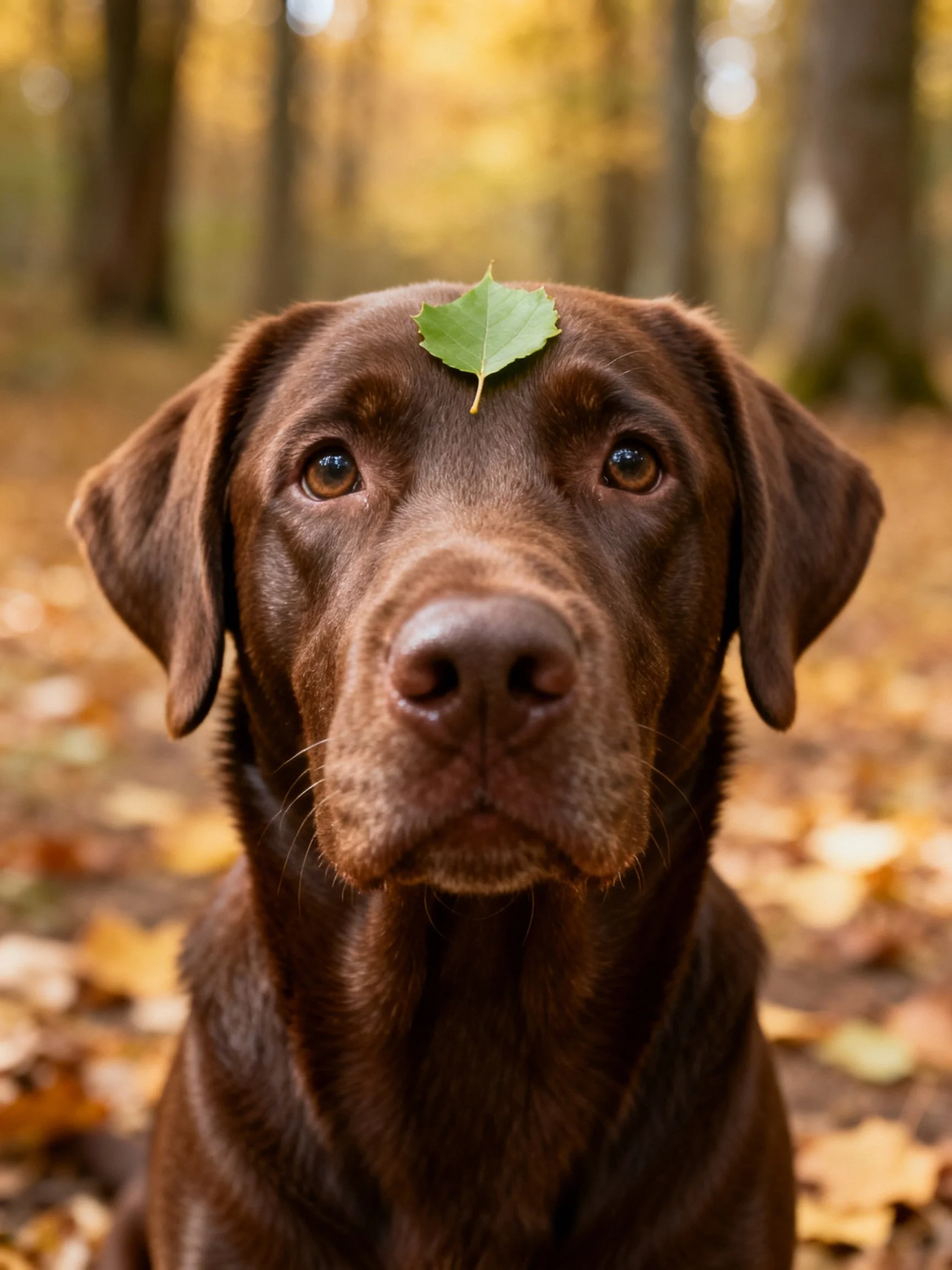 A chocolate Labrador with a green leaf on its forehead in an autumn forest
