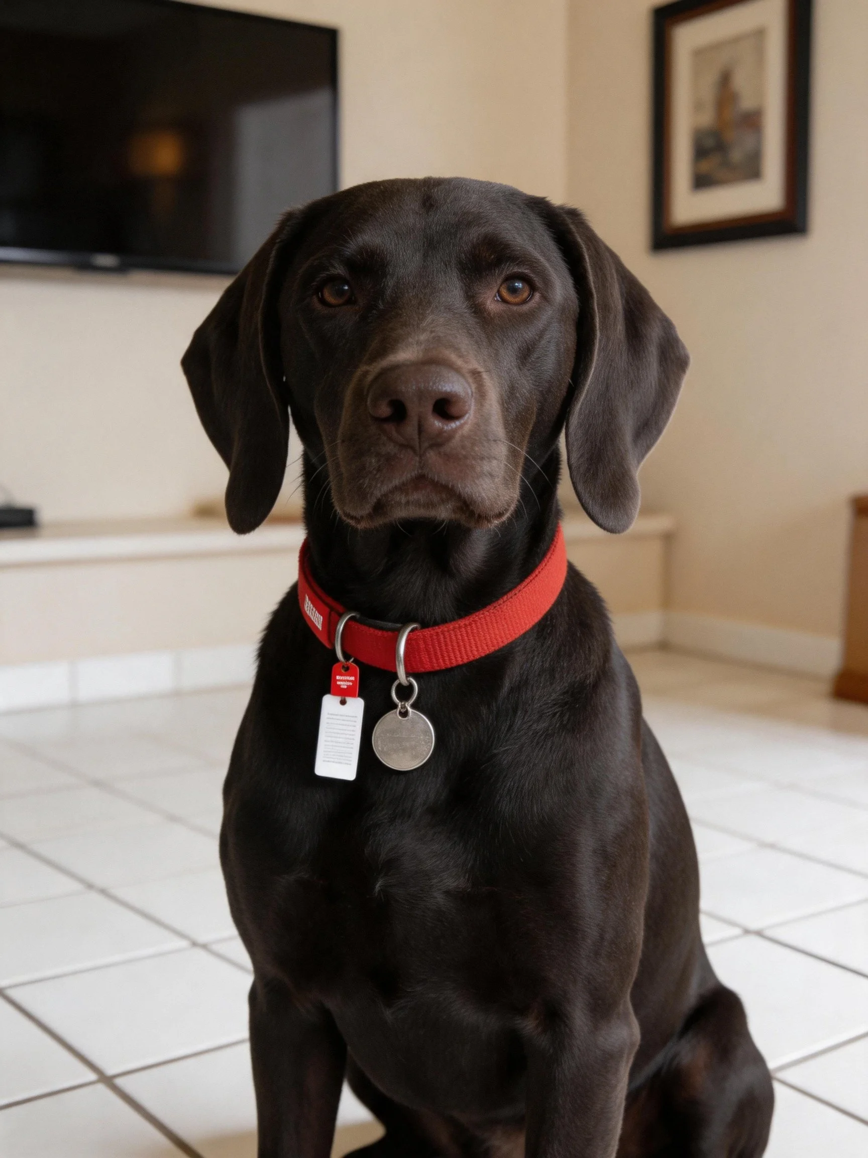 A chocolate Labrador with a red collar sits indoors.