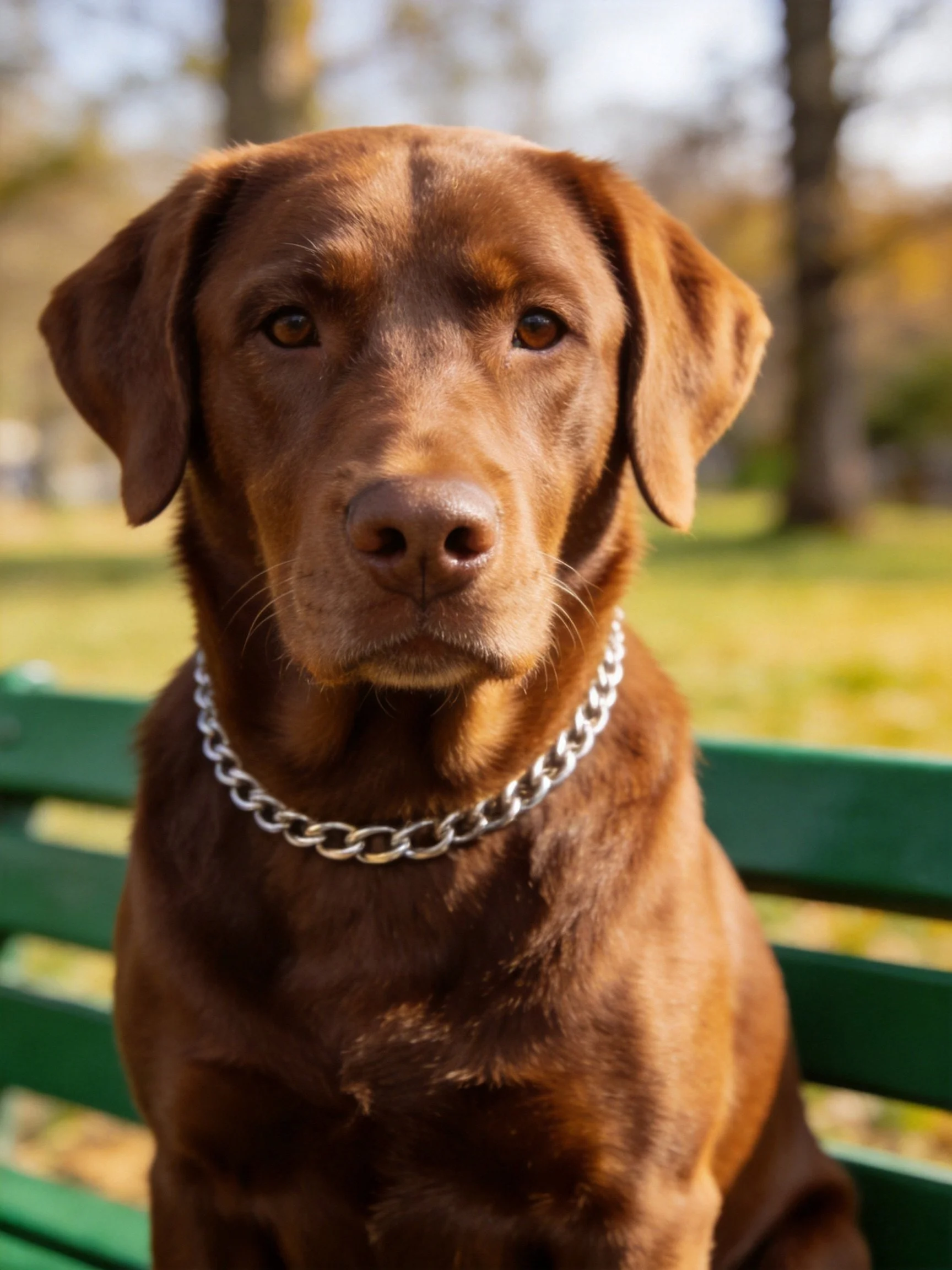 A chocolate Labrador with a silver chain collar sits on a green park bench
