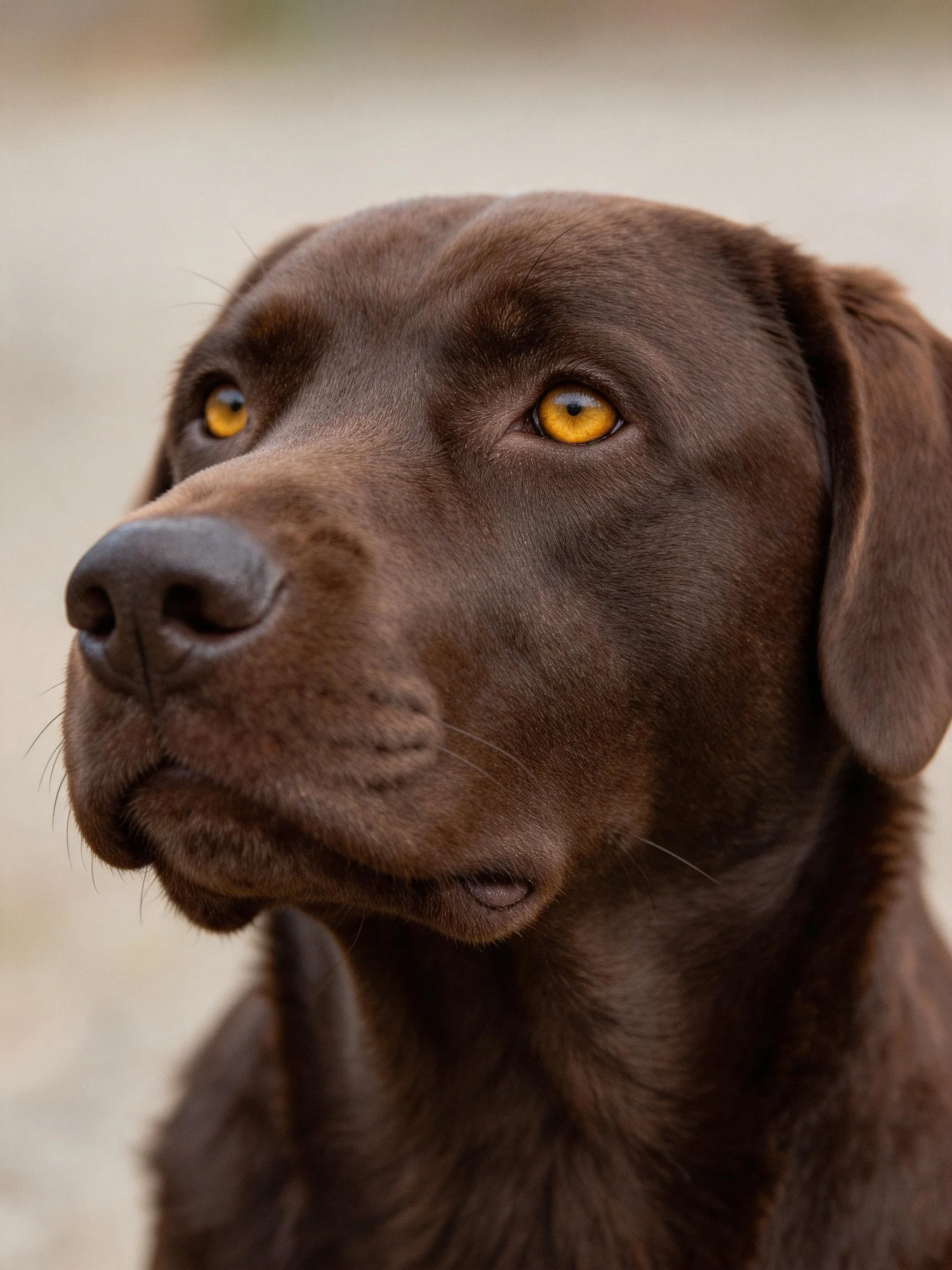 A chocolate brown Labrador retriever with golden eyes