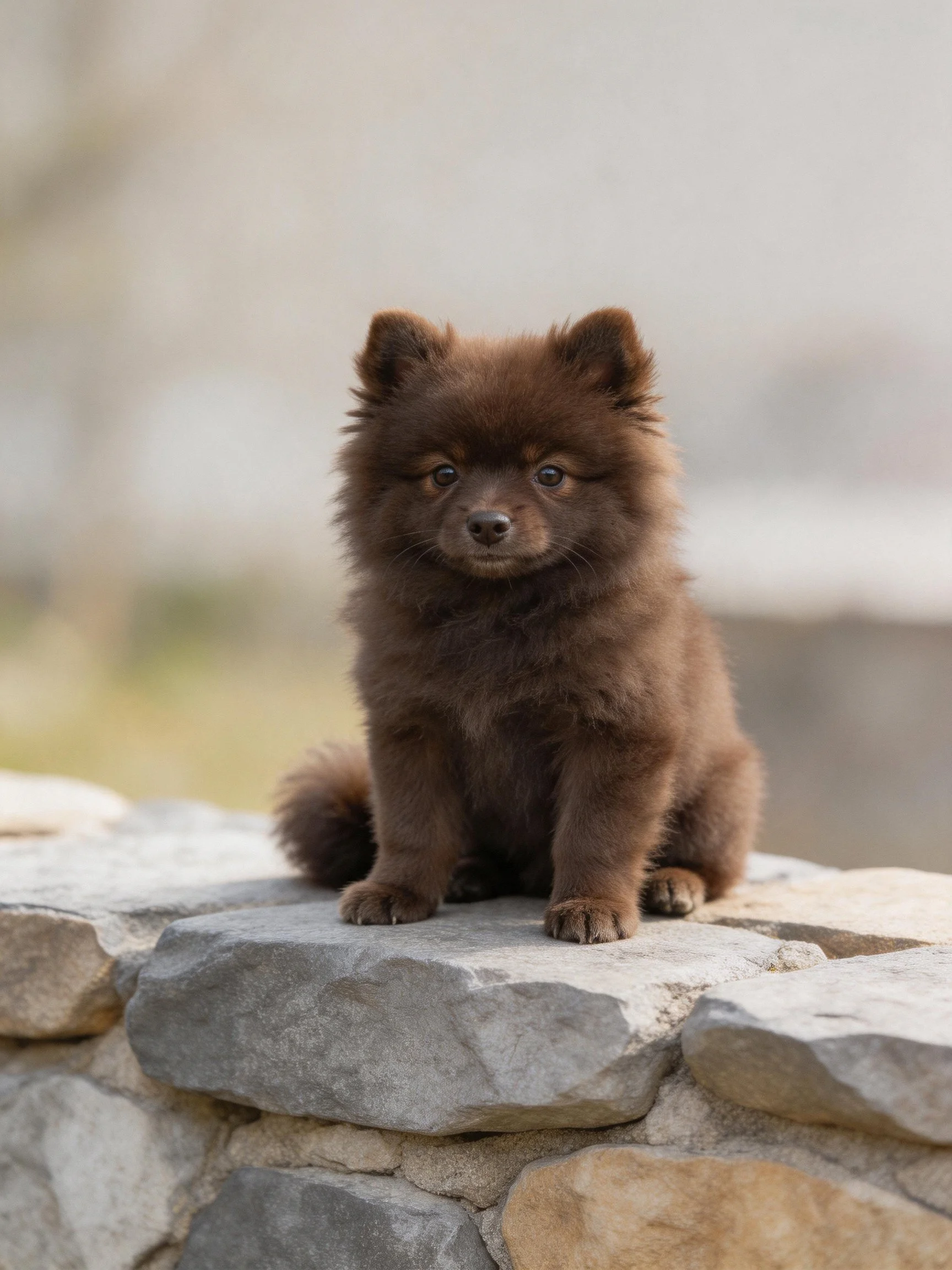 A chocolate-brown Pomeranian puppy sitting on a stone wall