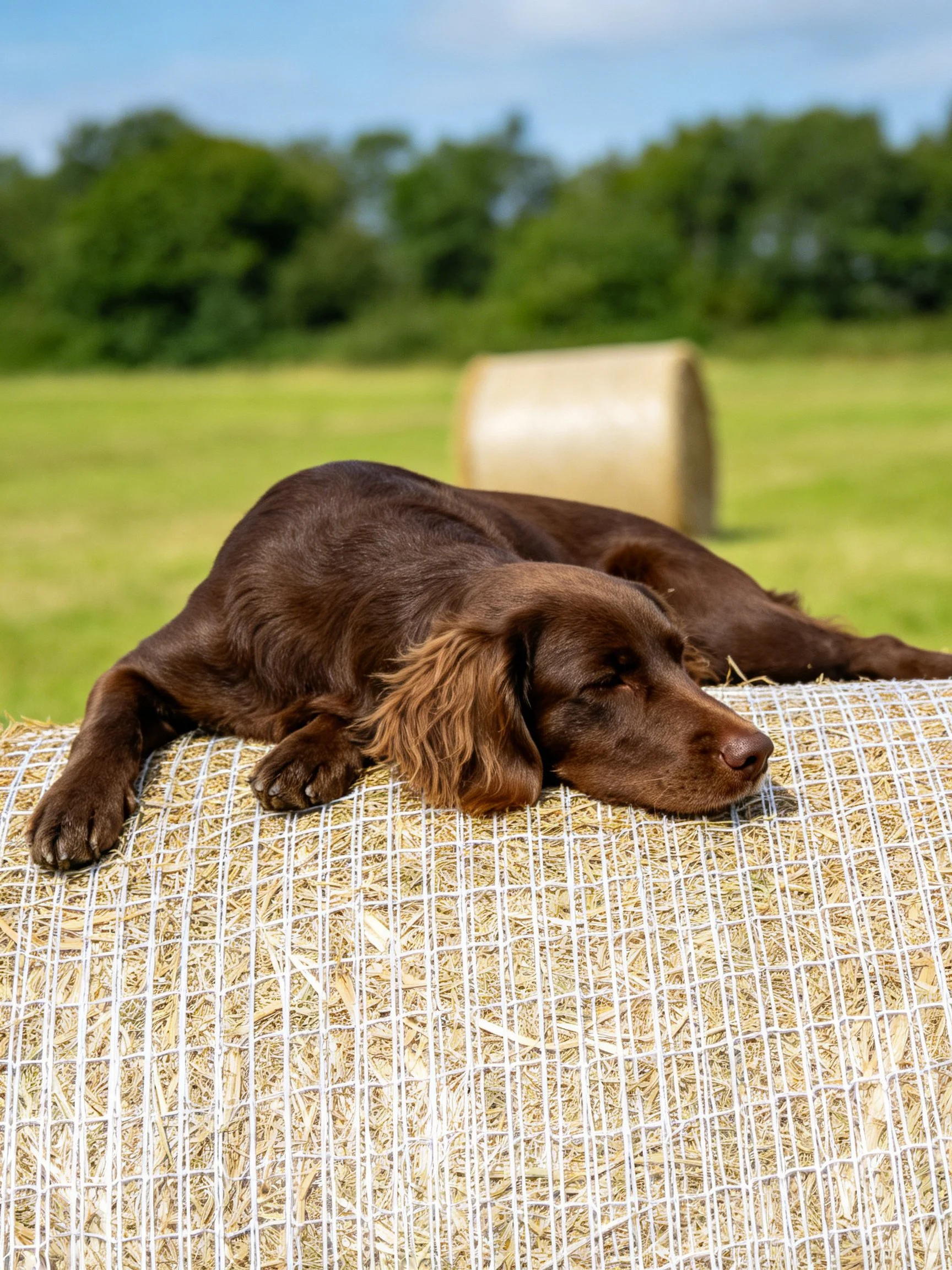 A chocolate-brown dog rests on a straw-wrapped hay bale in a sunny field.