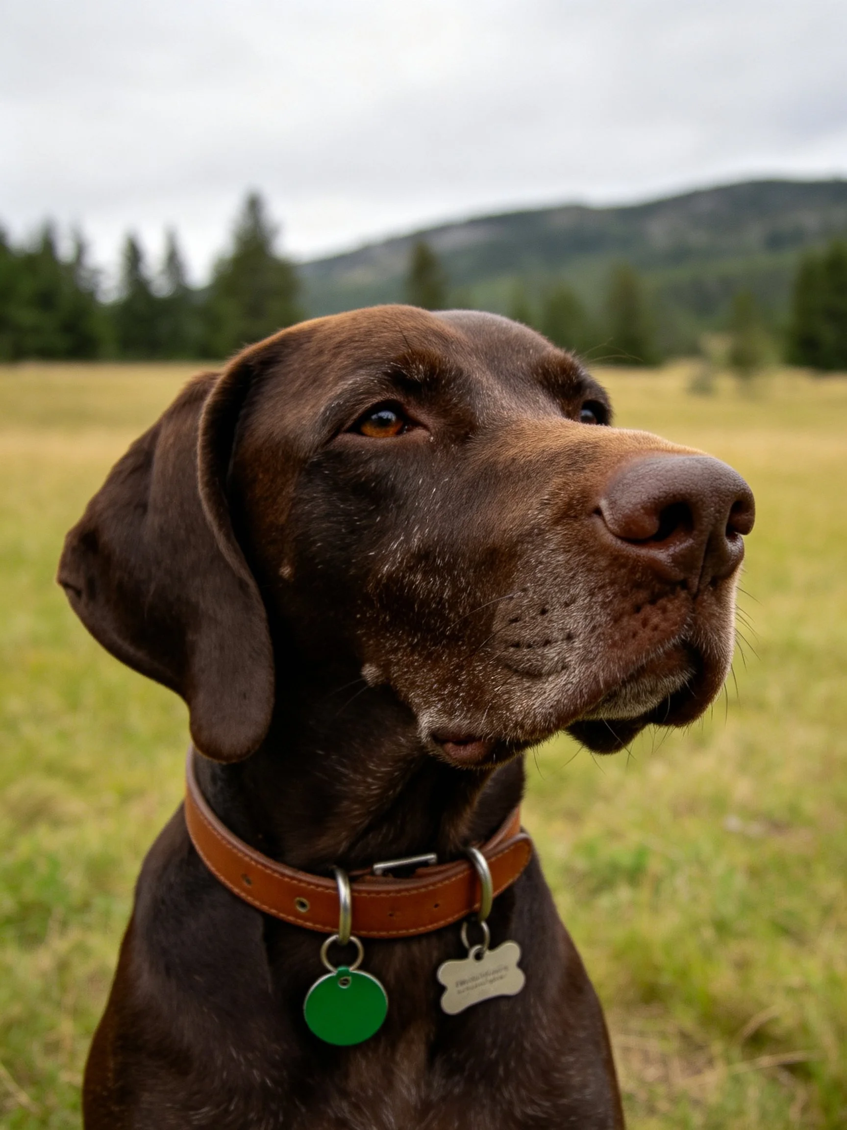 A chocolate-brown dog with a leather collar stands in a grassy field near trees and hills.