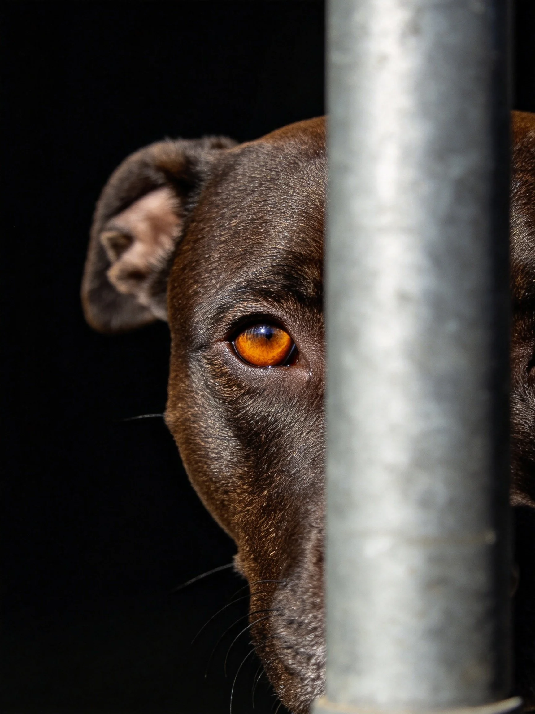 A chocolate-brown dog with amber eye peeks behind a metallic pole