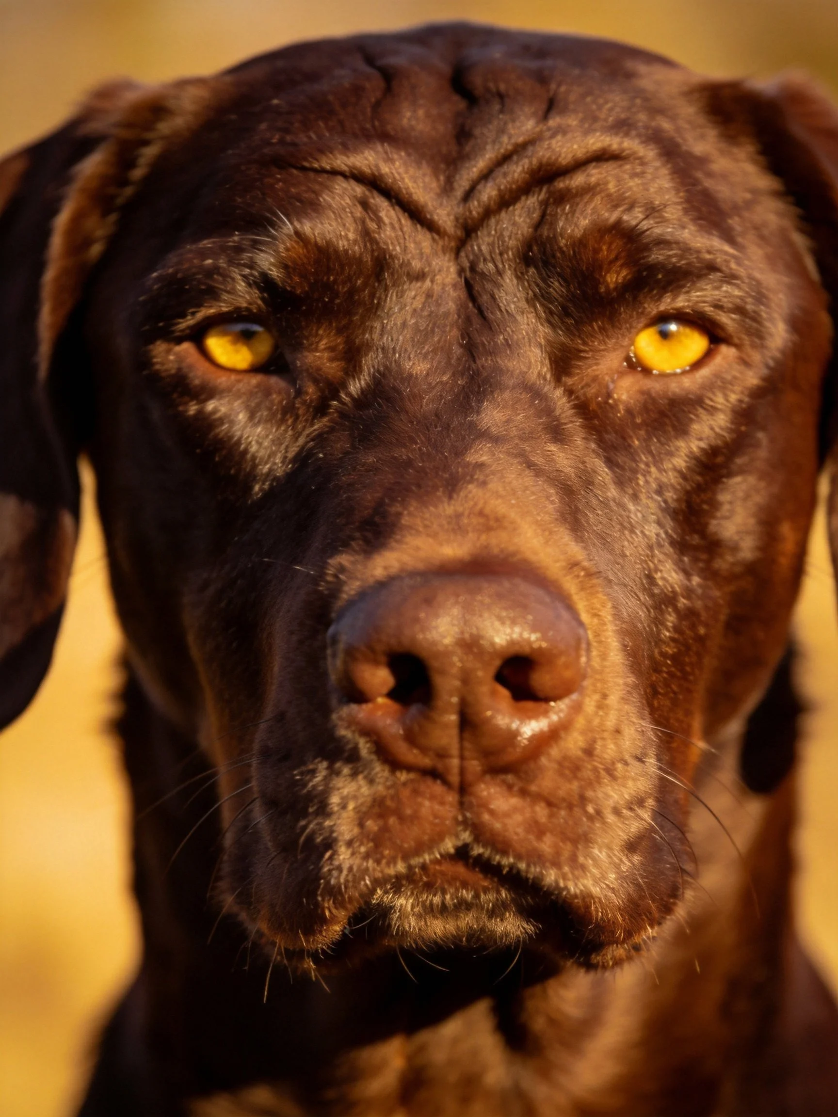 A chocolate - brown dog with bright yellow eyes under golden lighting