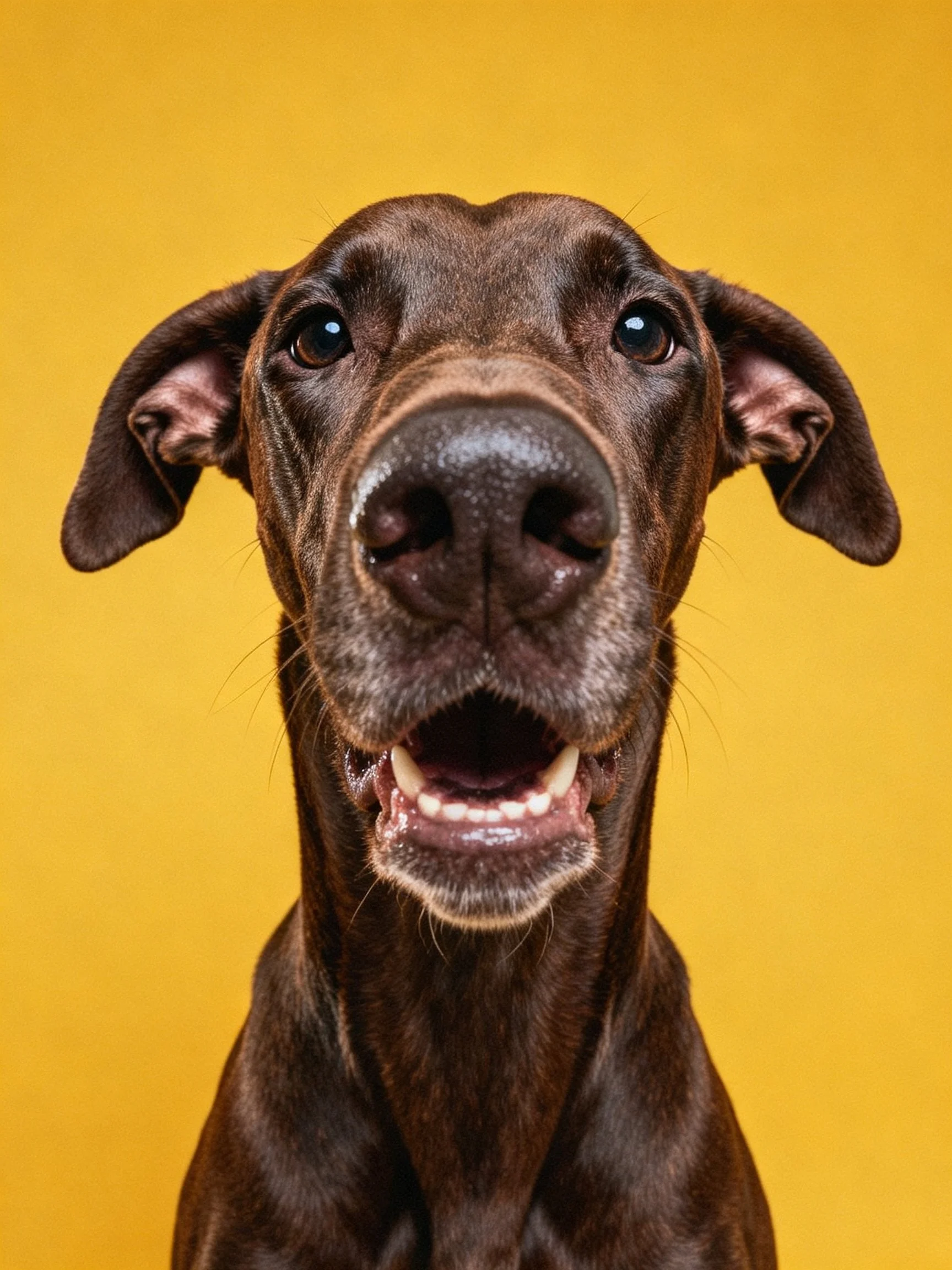 A chocolate - brown dog with floppy ears on a solid yellow background