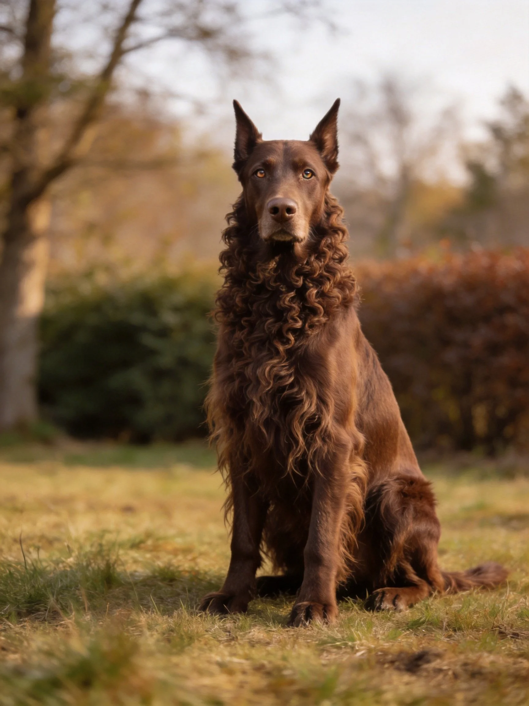 A chocolate-brown dog with long curly fur sits calmly in a natural outdoor environment.