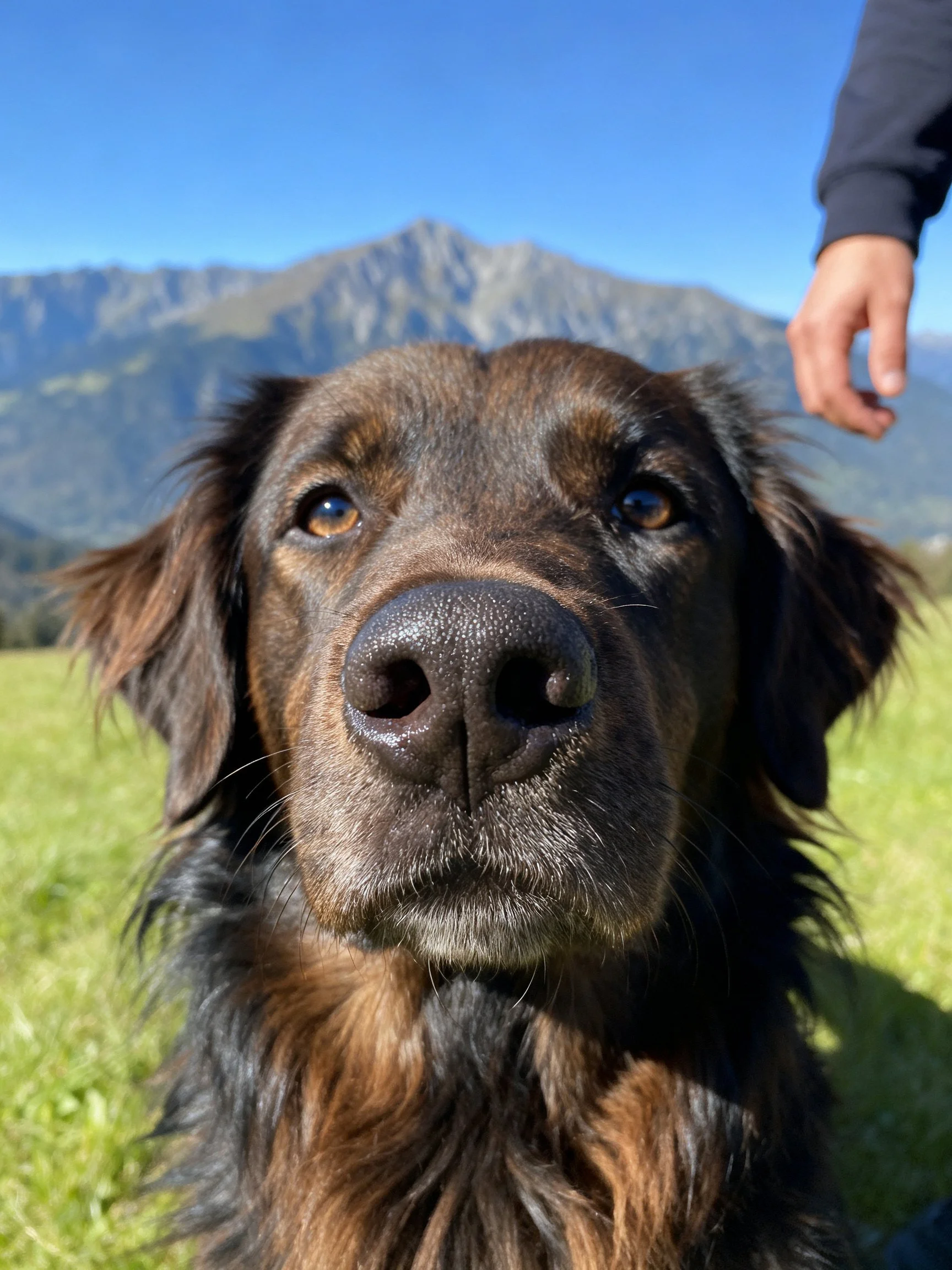 A chocolate - brown dog with shaggy fur near a mountainous landscape