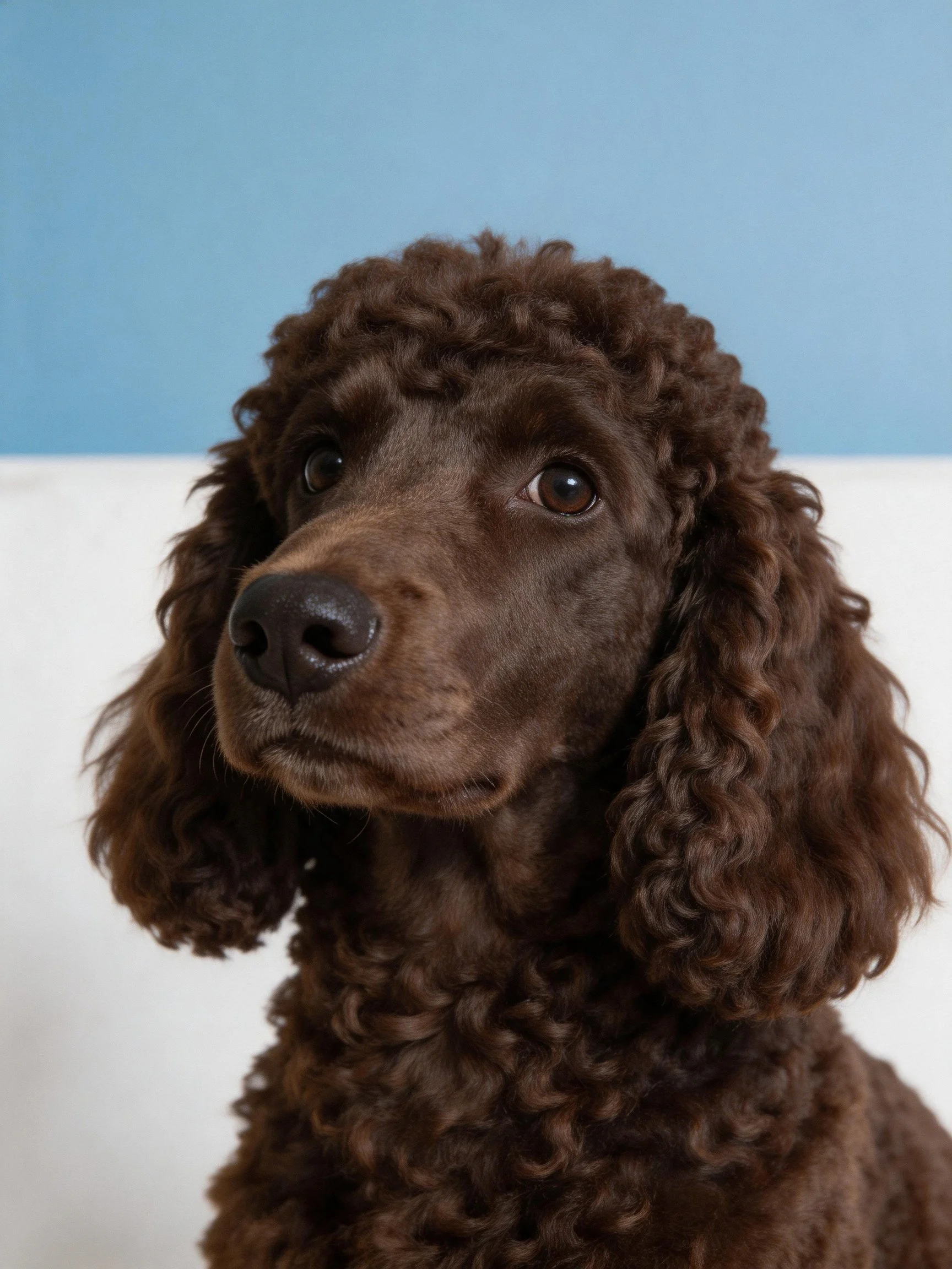 A chocolate-brown poodle with curly fur, blue and white backdrop
