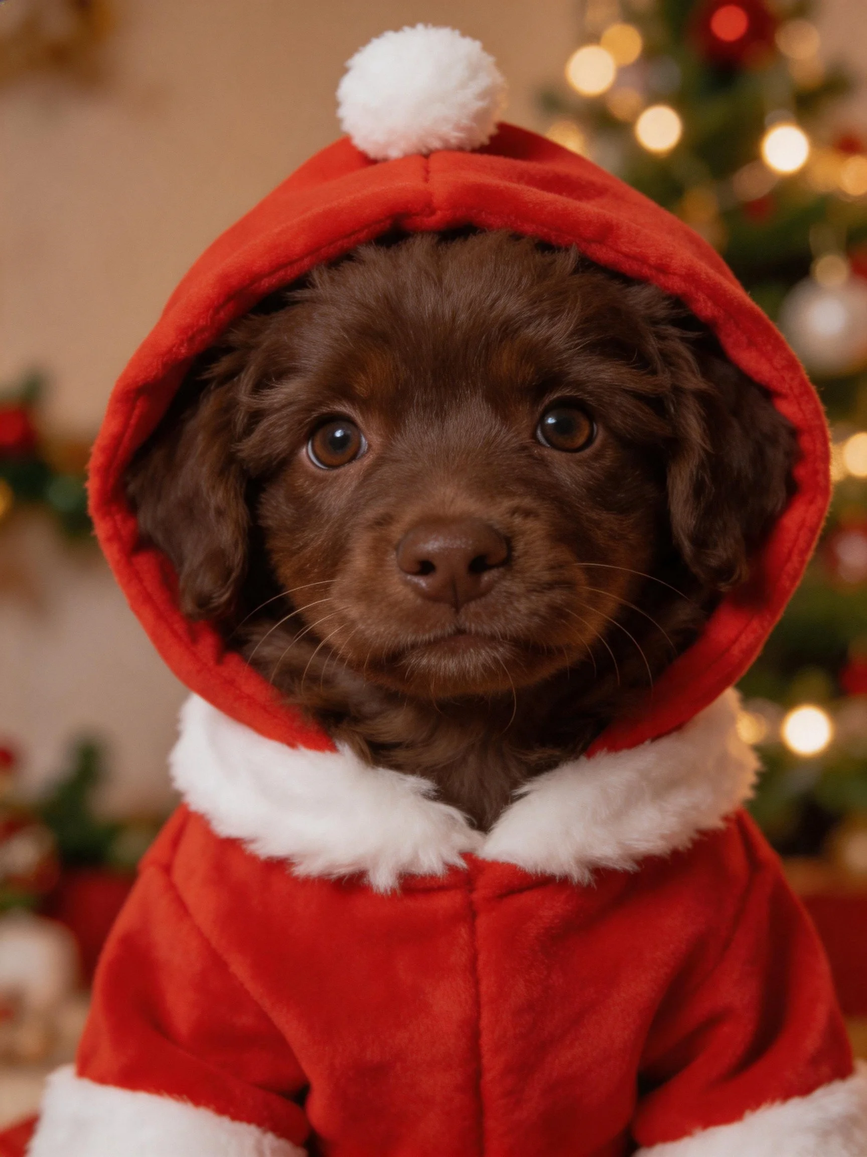 A chocolate -brown puppy in red Santa-themed clothing with white accents