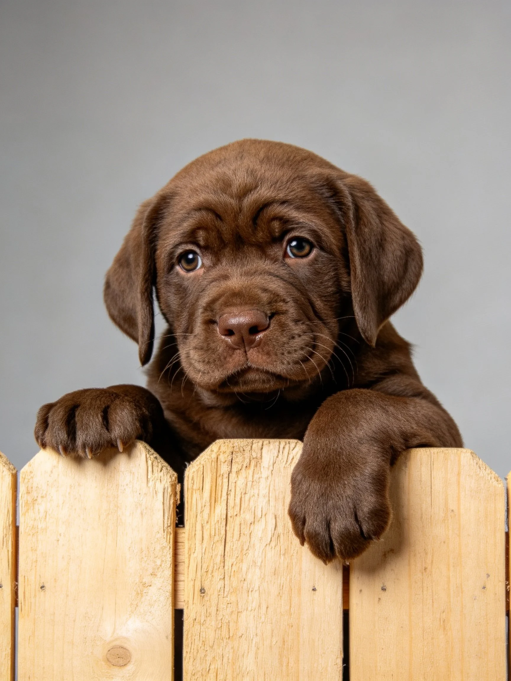 A chocolate - brown puppy peeks over a light wooden fence