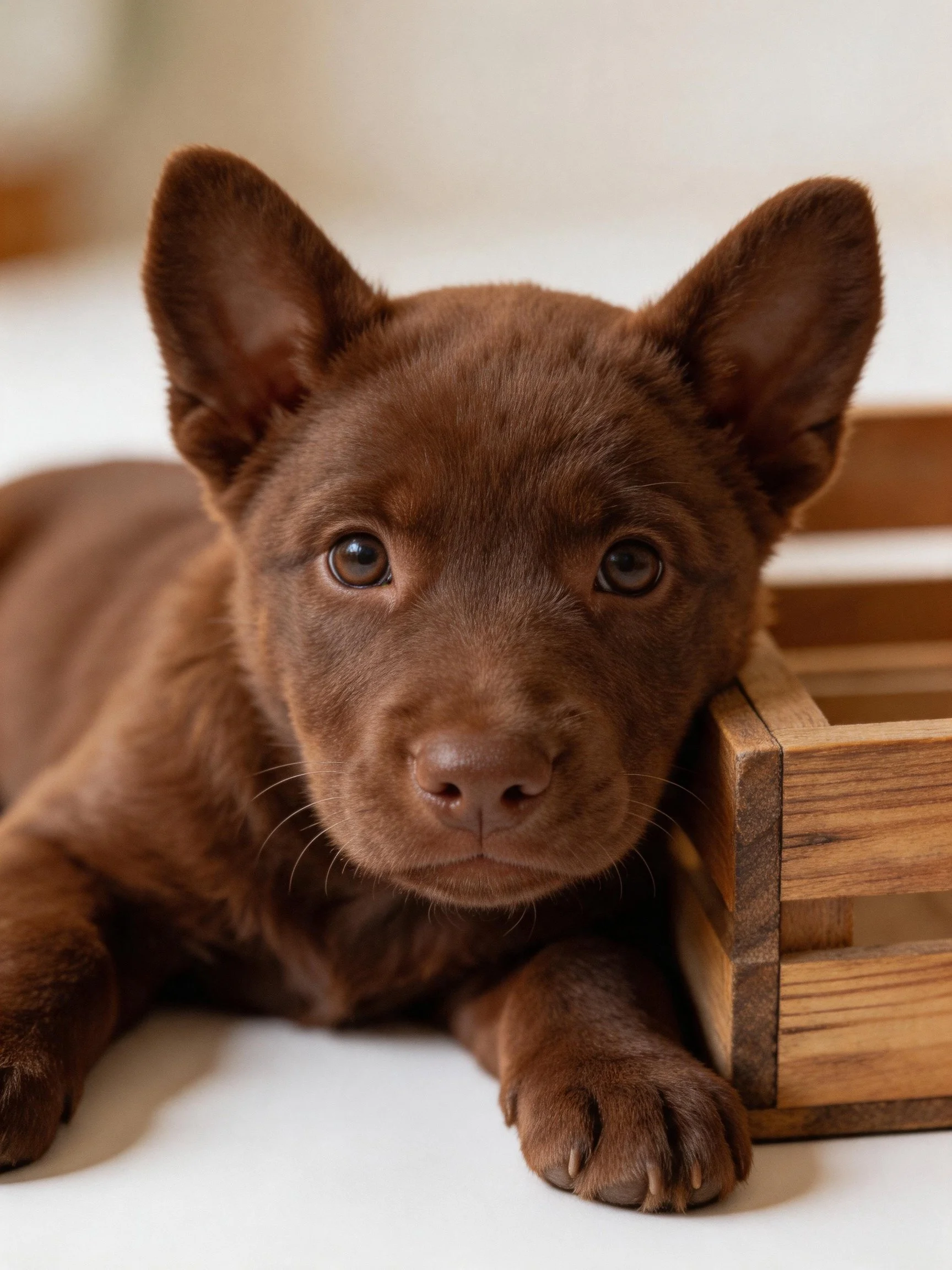 A chocolate - brown puppy resting beside a wooden crate