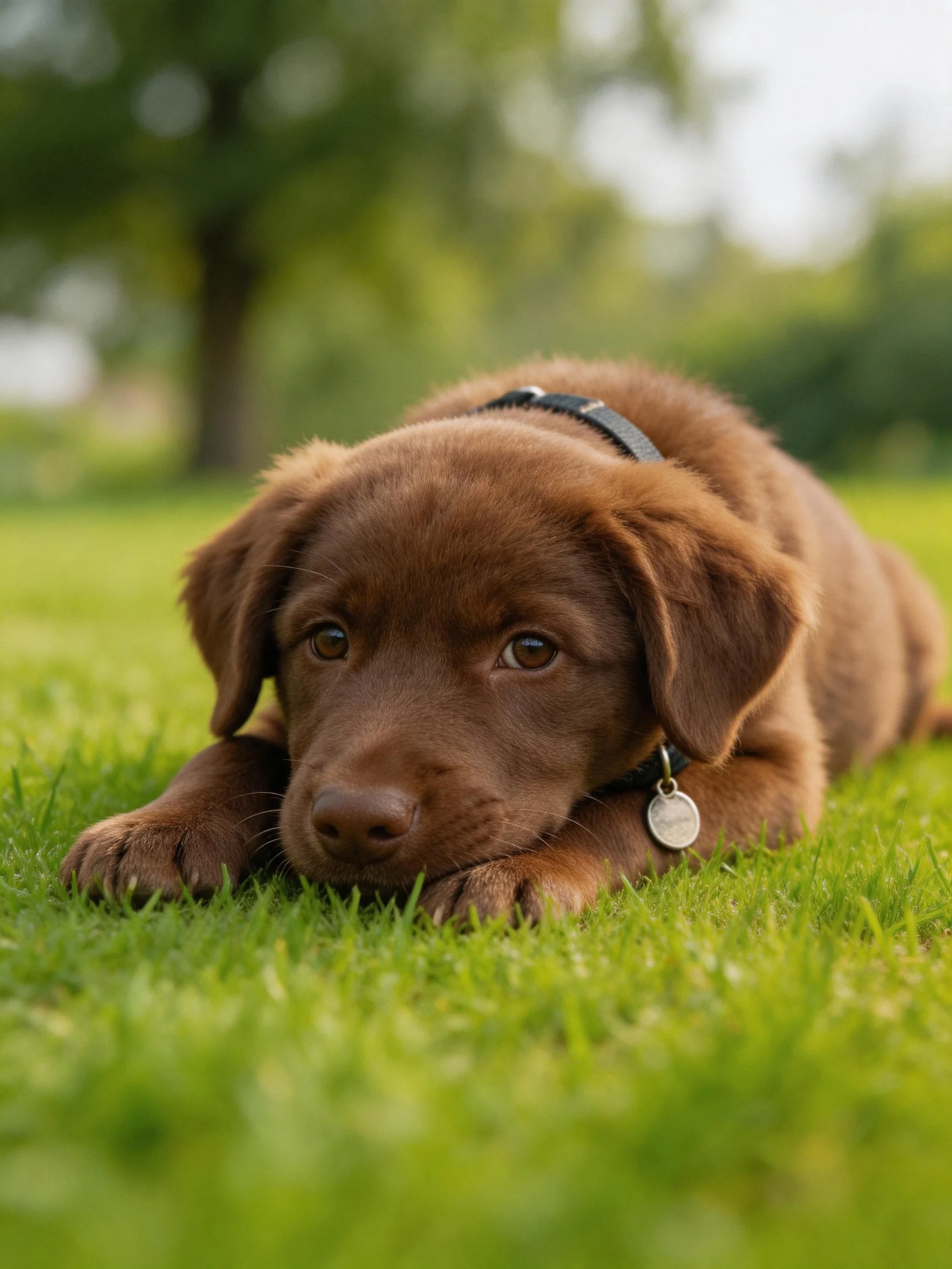 A chocolate-brown puppy relaxes on green grass in an outdoor setting.