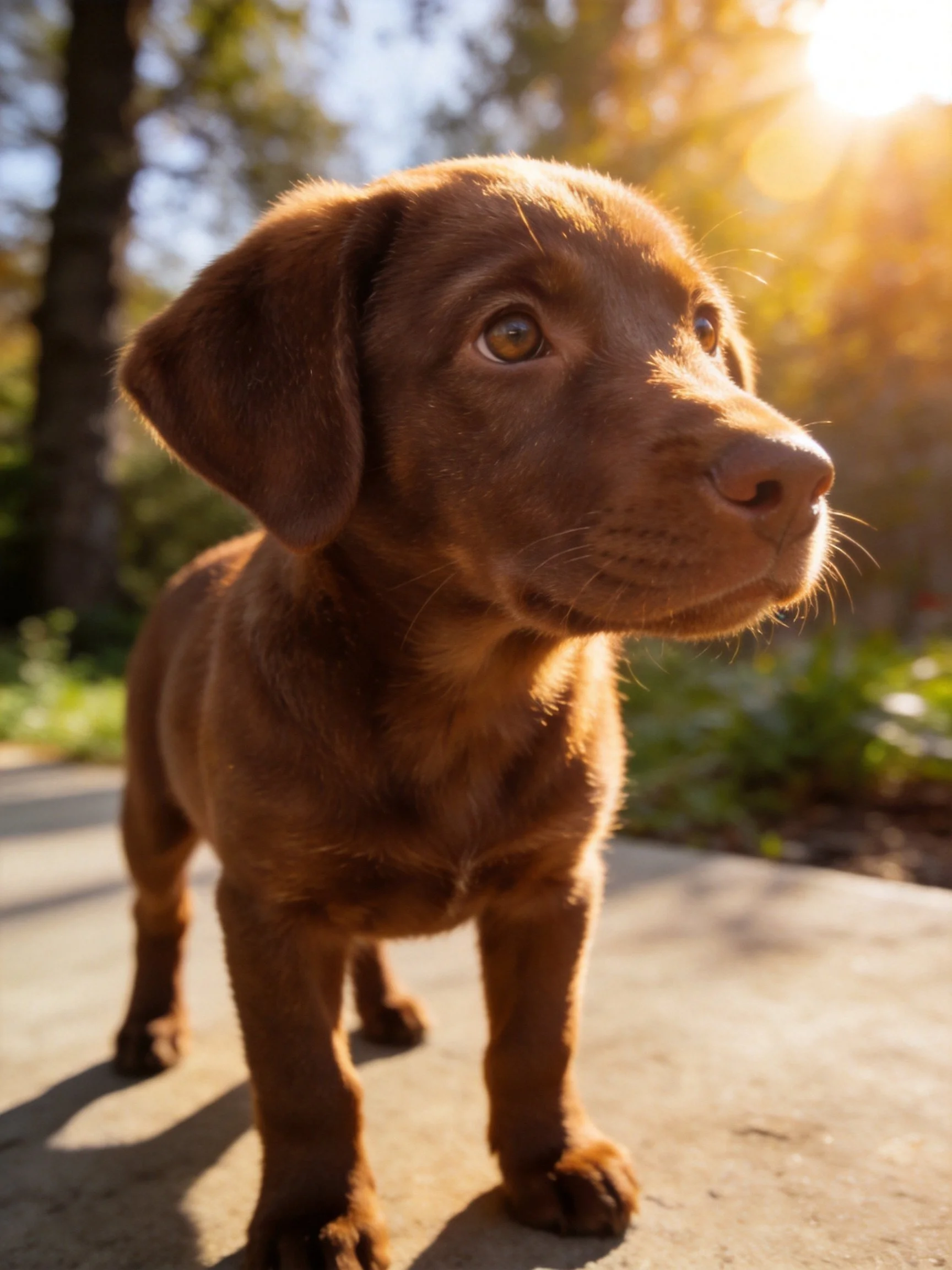 A chocolate-brown puppy stands on a concrete path lit by warm sunlight.
