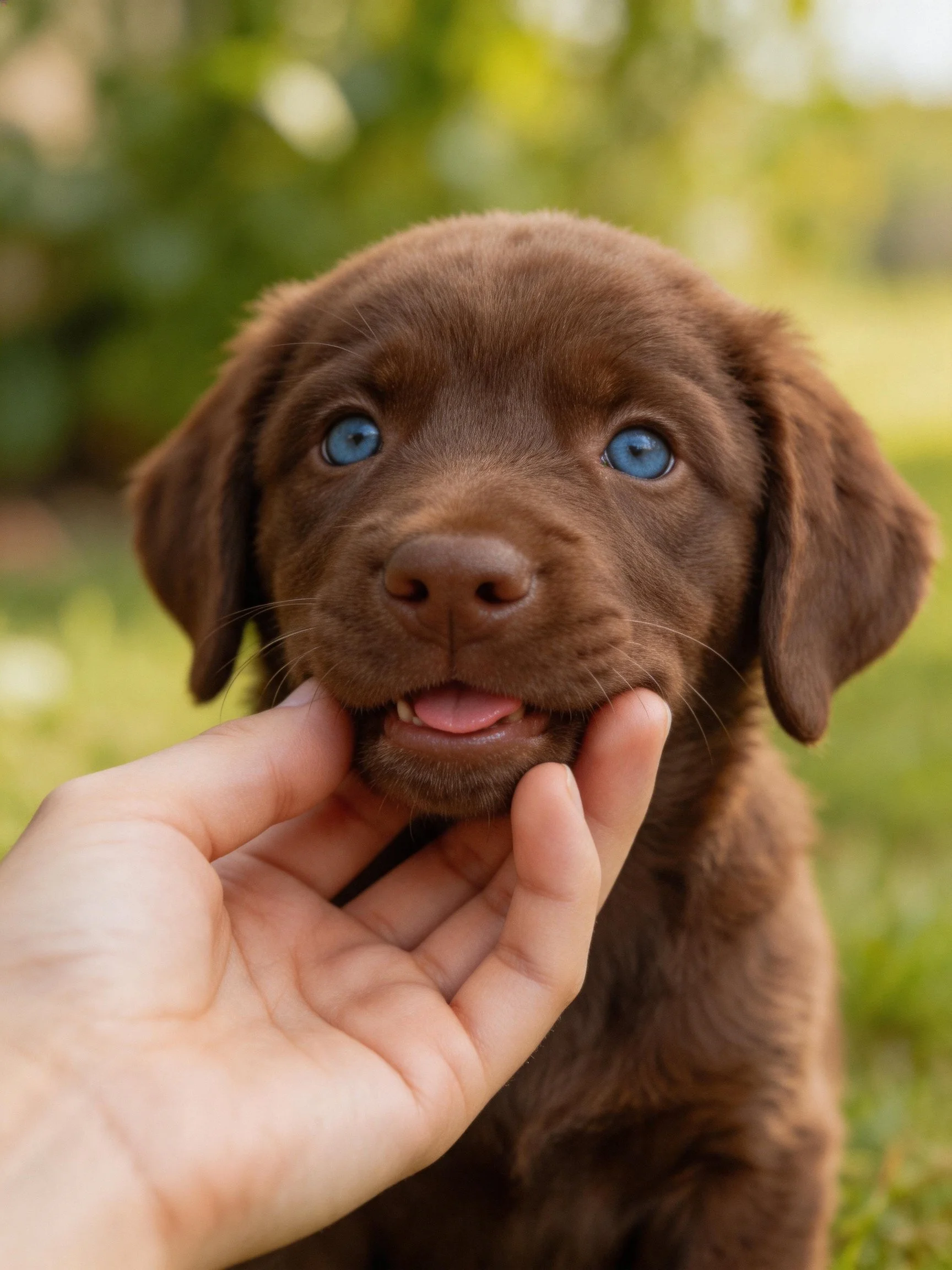 A chocolate brown puppy with bright blue eyes being gently touched