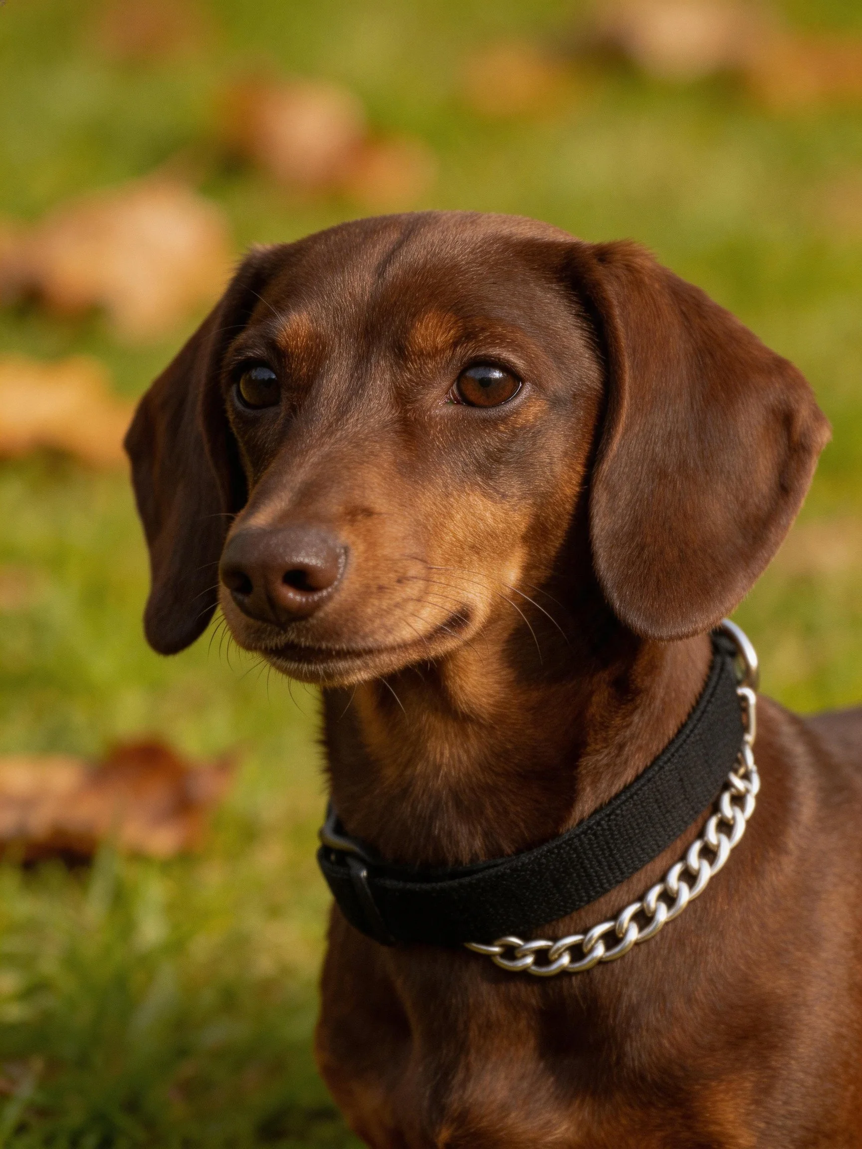 A chocolate-coated Dachshund with a black collar and silver chain