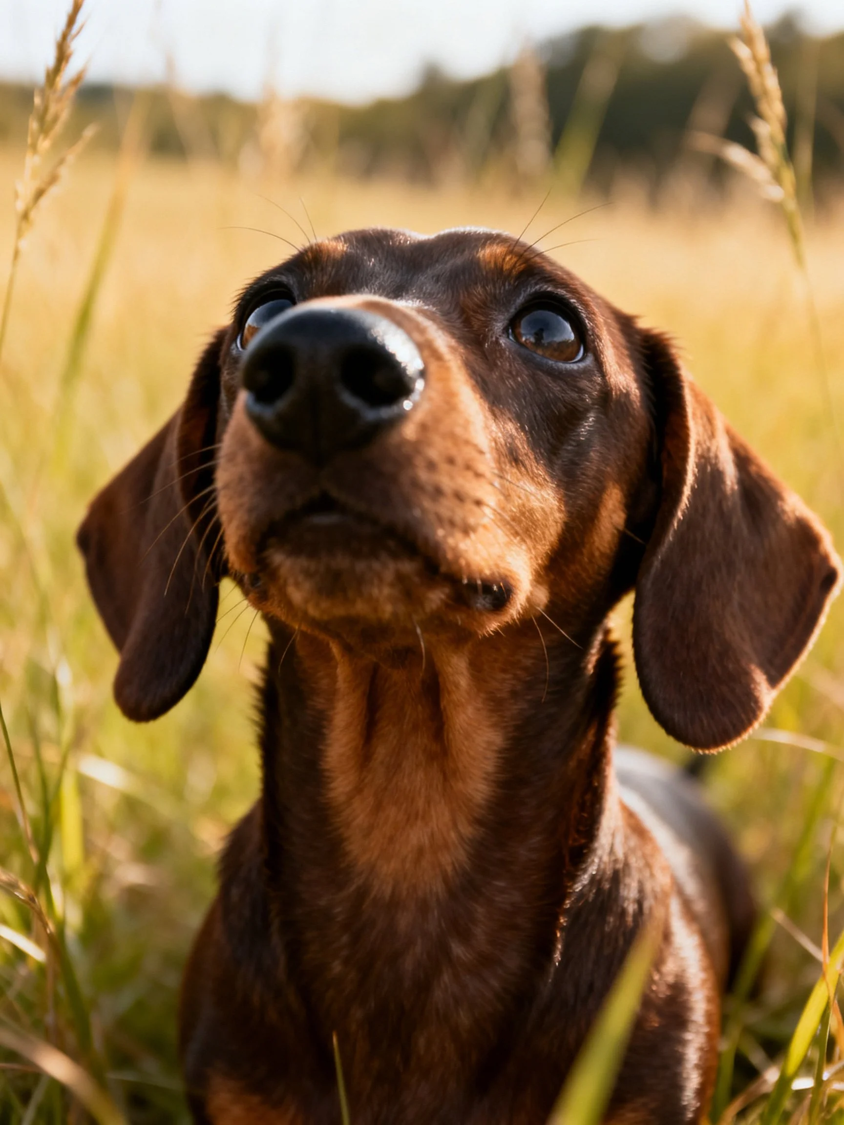 A chocolate-colored Dachshund puppy in golden grassy field