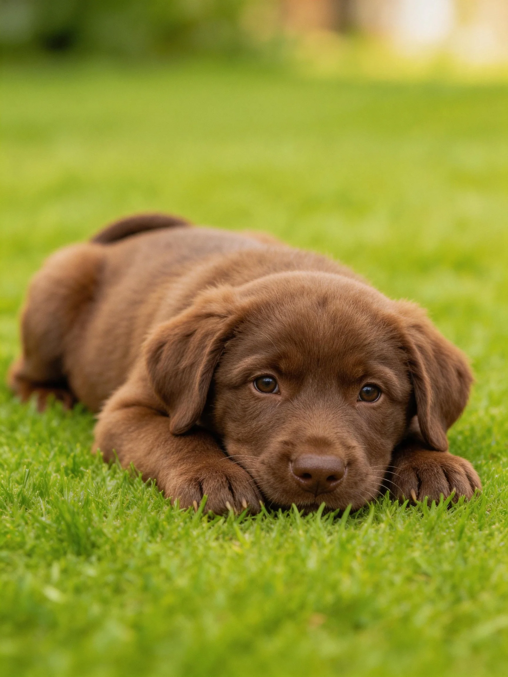 A chocolate - colored puppy resting on vibrant green grass